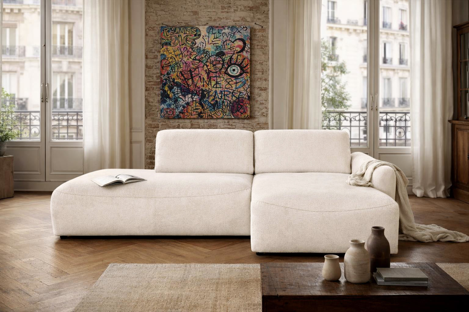 Canapé d’angle droit Château d'eau en tissu chenille beige Paname Avenue, dans un décor inspire au quartier parisien