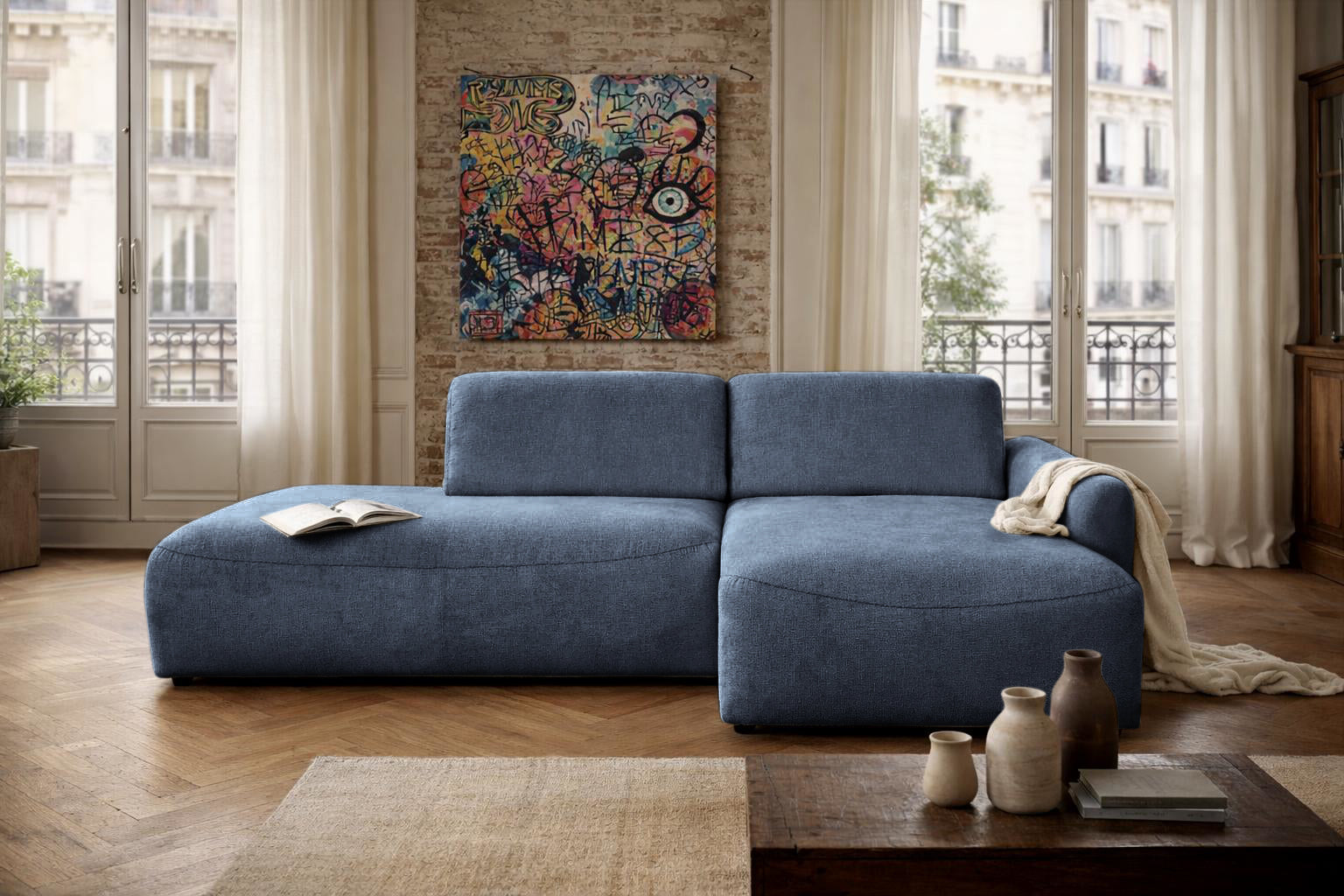 Canapé d’angle droit Château d'eau en tissu chenille bleu Paname Avenue, dans un décor inspire au quartier parisien