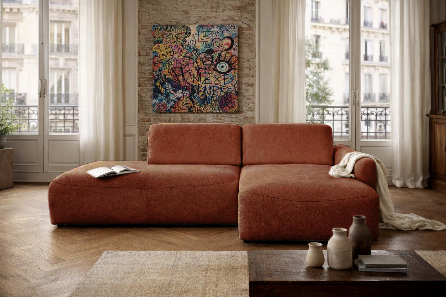 Canapé d’angle droit Château d'eau en tissu chenille terracotta Paname Avenue, dans un décor inspire au quartier parisien