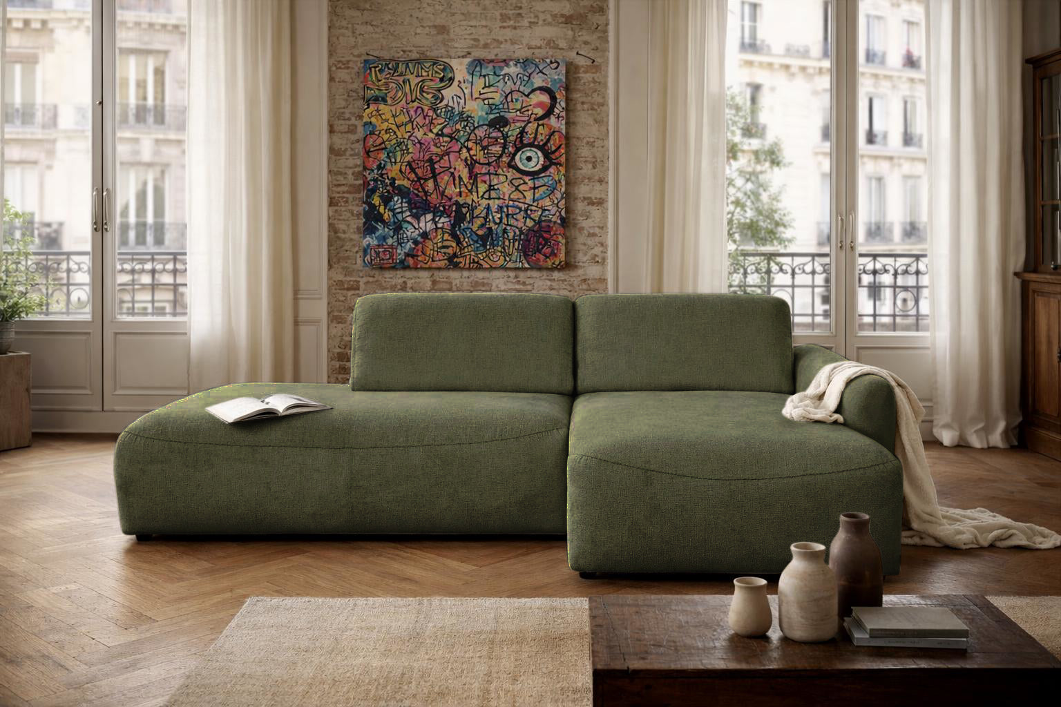 Canapé d’angle droit Château d'eau en tissu chenille vert olive Paname Avenue, dans un décor inspire au quartier parisien