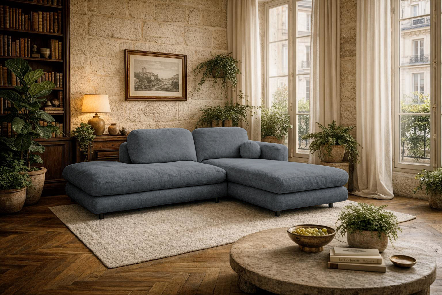 Canapé d'angle Clef de Paname Avenue dans un salon spacieux et lumineux au style naturel contemporain, avec une forte influence wabi-sabi