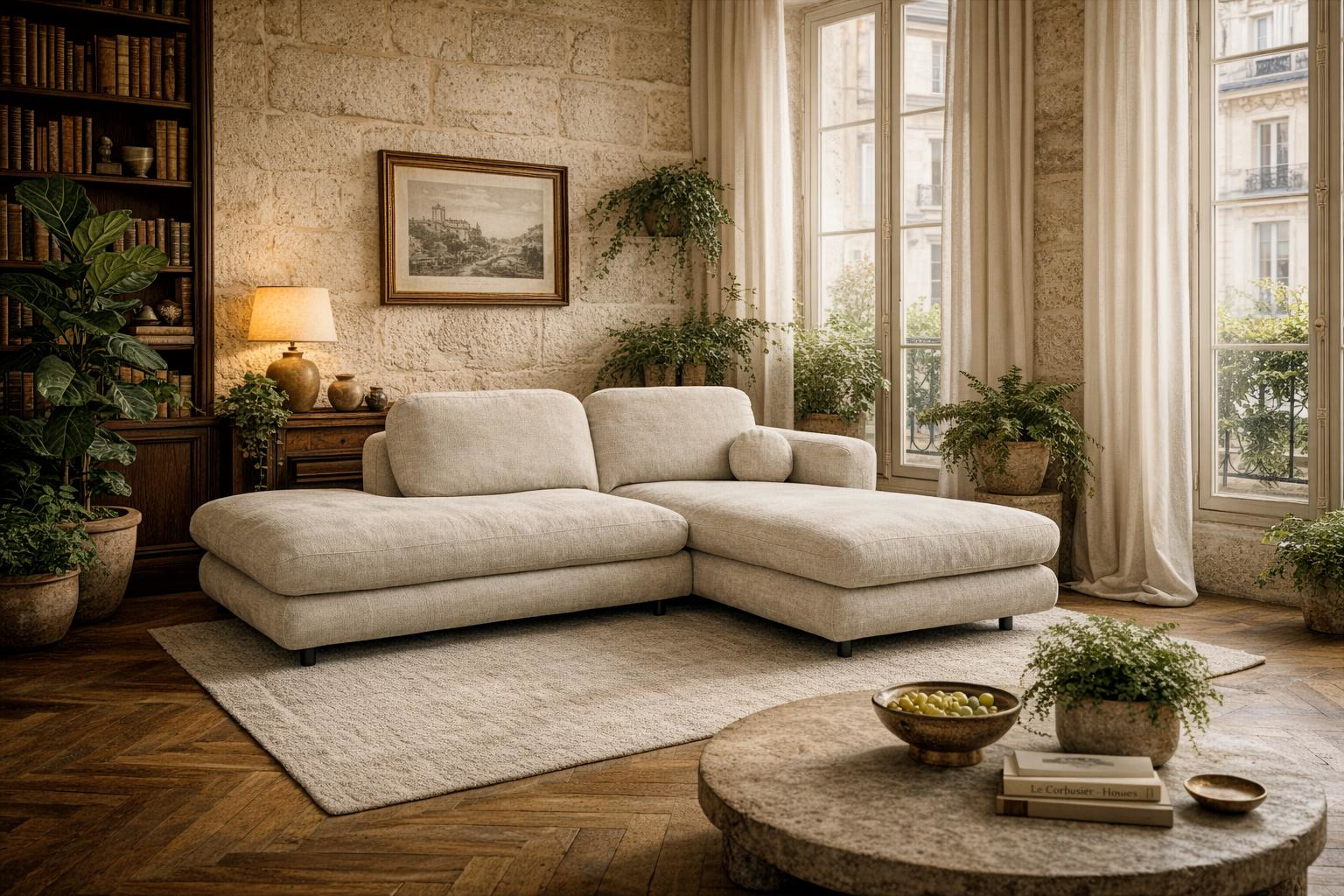 Canapé d'angle droit Clef en tissu chenille beige Paname Avenue, dans un décor inspire au quartier parisien