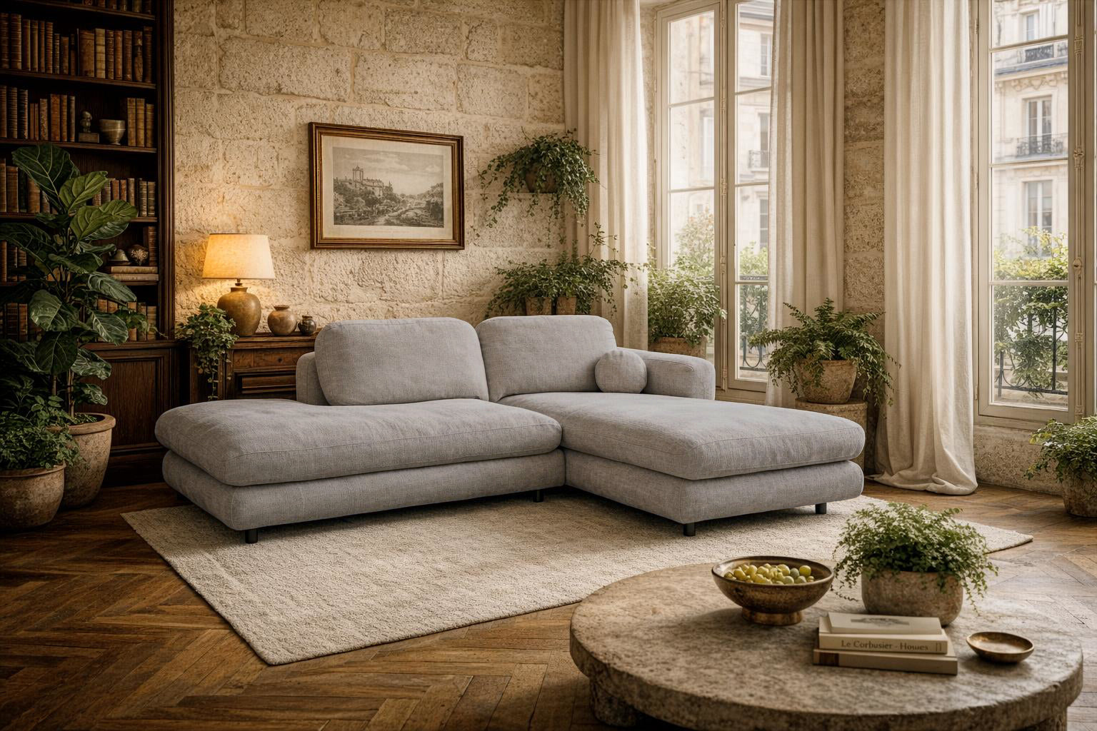 Canapé d'angle Clef de Paname Avenue dans un salon spacieux et lumineux au style naturel contemporain, avec une forte influence wabi-sabi