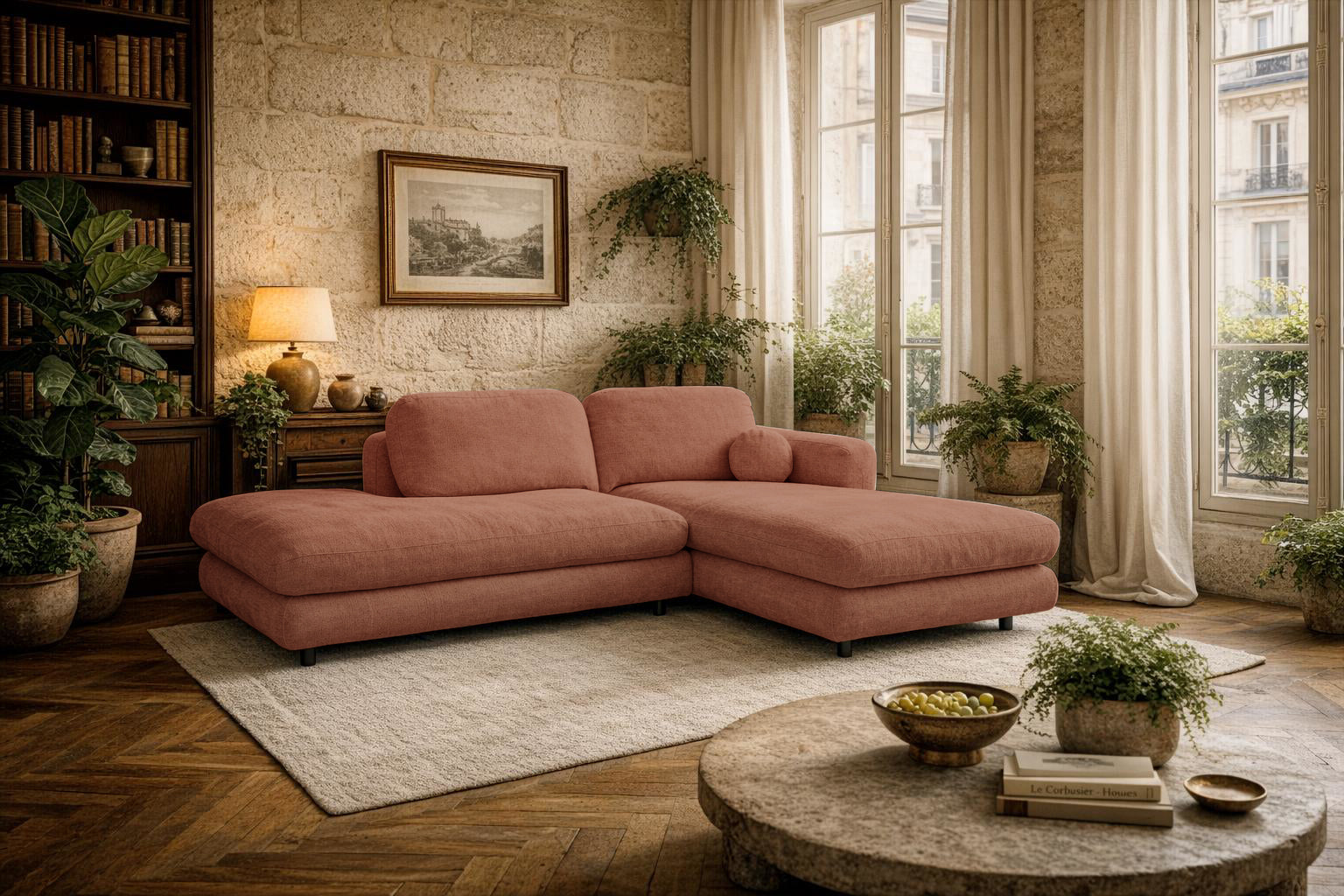 Canapé d'angle Clef de Paname Avenue dans un salon spacieux et lumineux au style naturel contemporain, avec une forte influence wabi-sabi