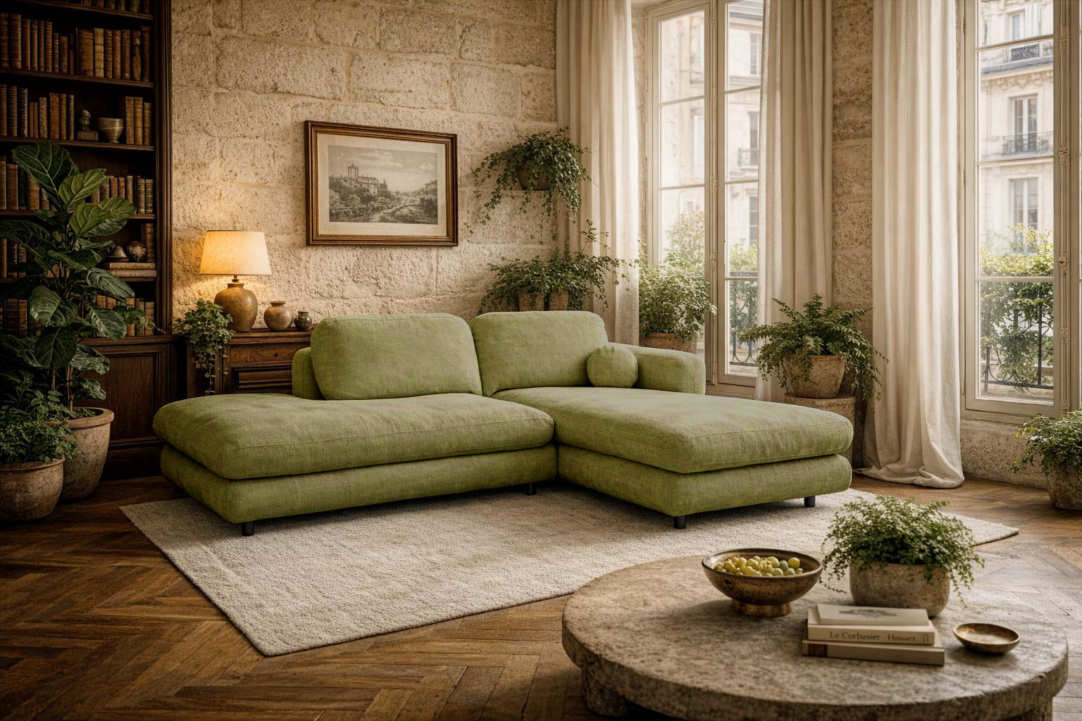 Canapé d'angle Clef de Paname Avenue dans un salon spacieux et lumineux au style naturel contemporain, avec une forte influence wabi-sabi