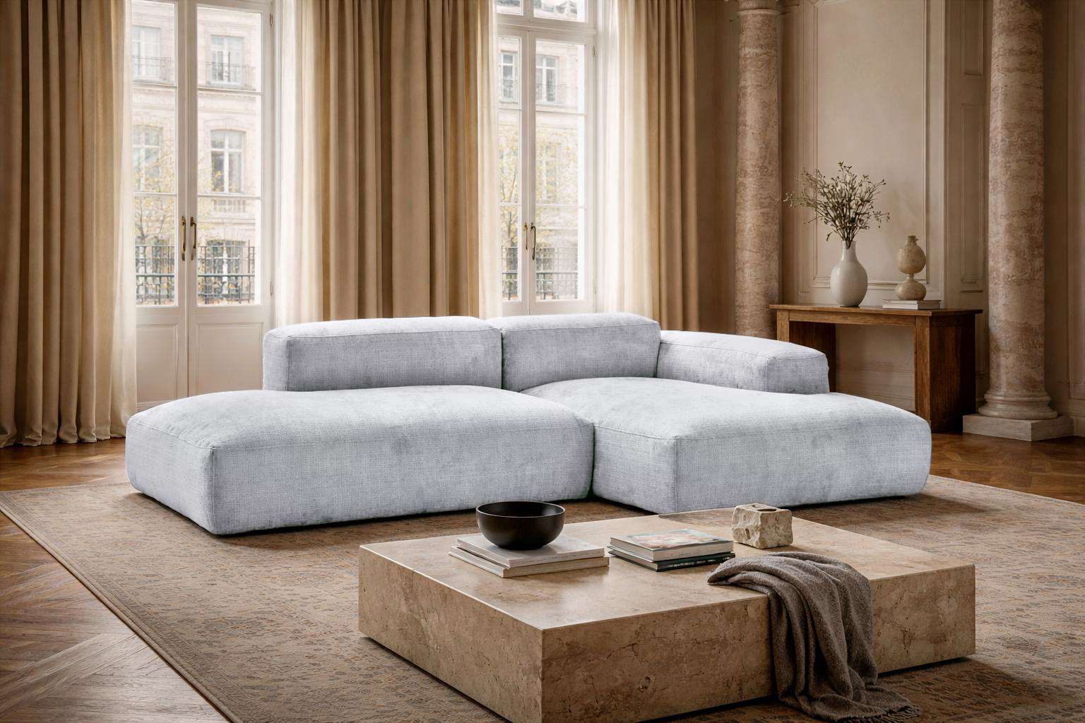 Canapé d’angle droit Marché-Saint-Honoré en tissu chenille gris Paname Avenue, dans un décor inspire au quartier parisien