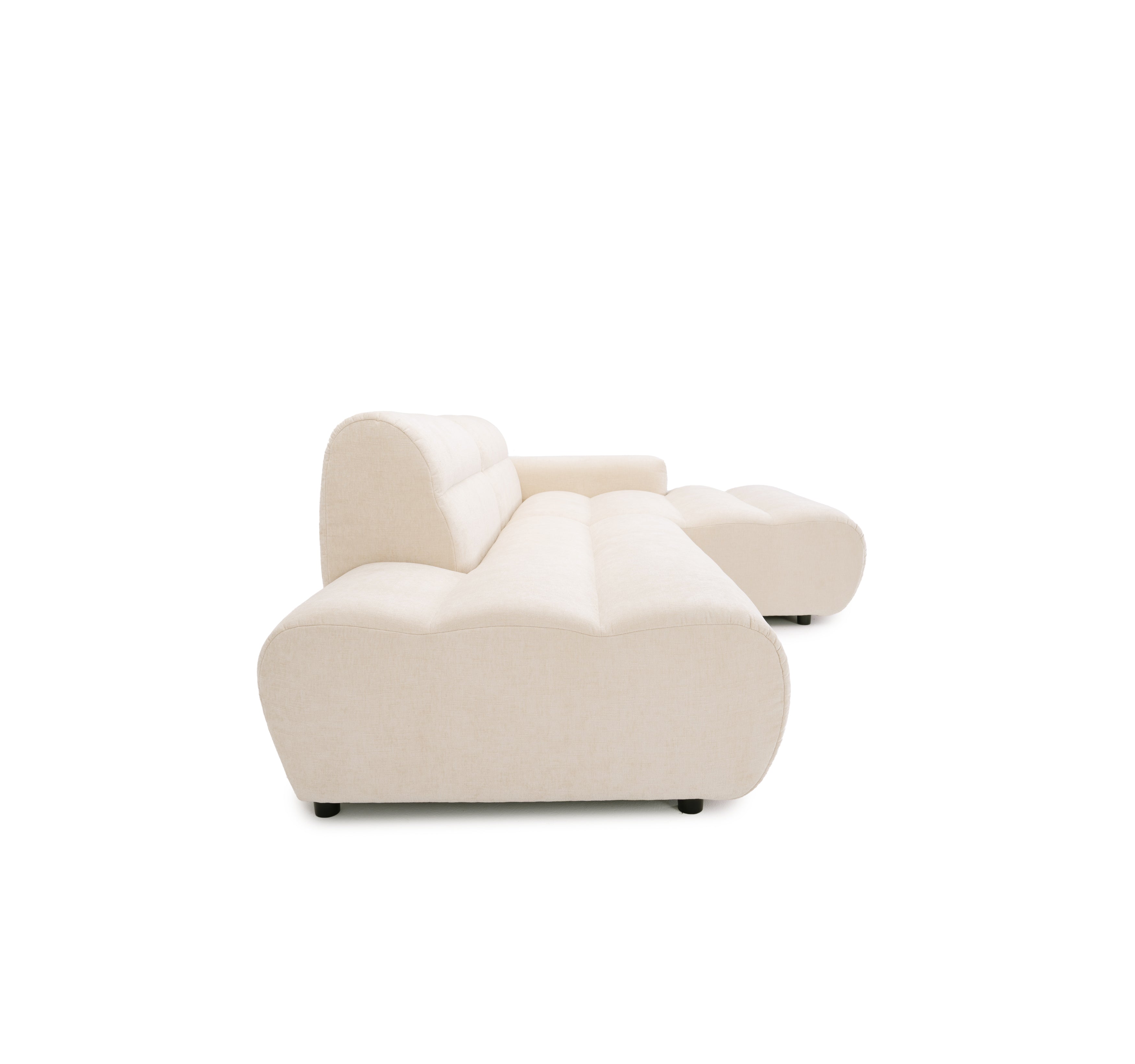 Canapé d’angle droit Notre-Dame-de-Nazareth en tissu chenille beige Paname Avenue, vue de profil sur fond blanc