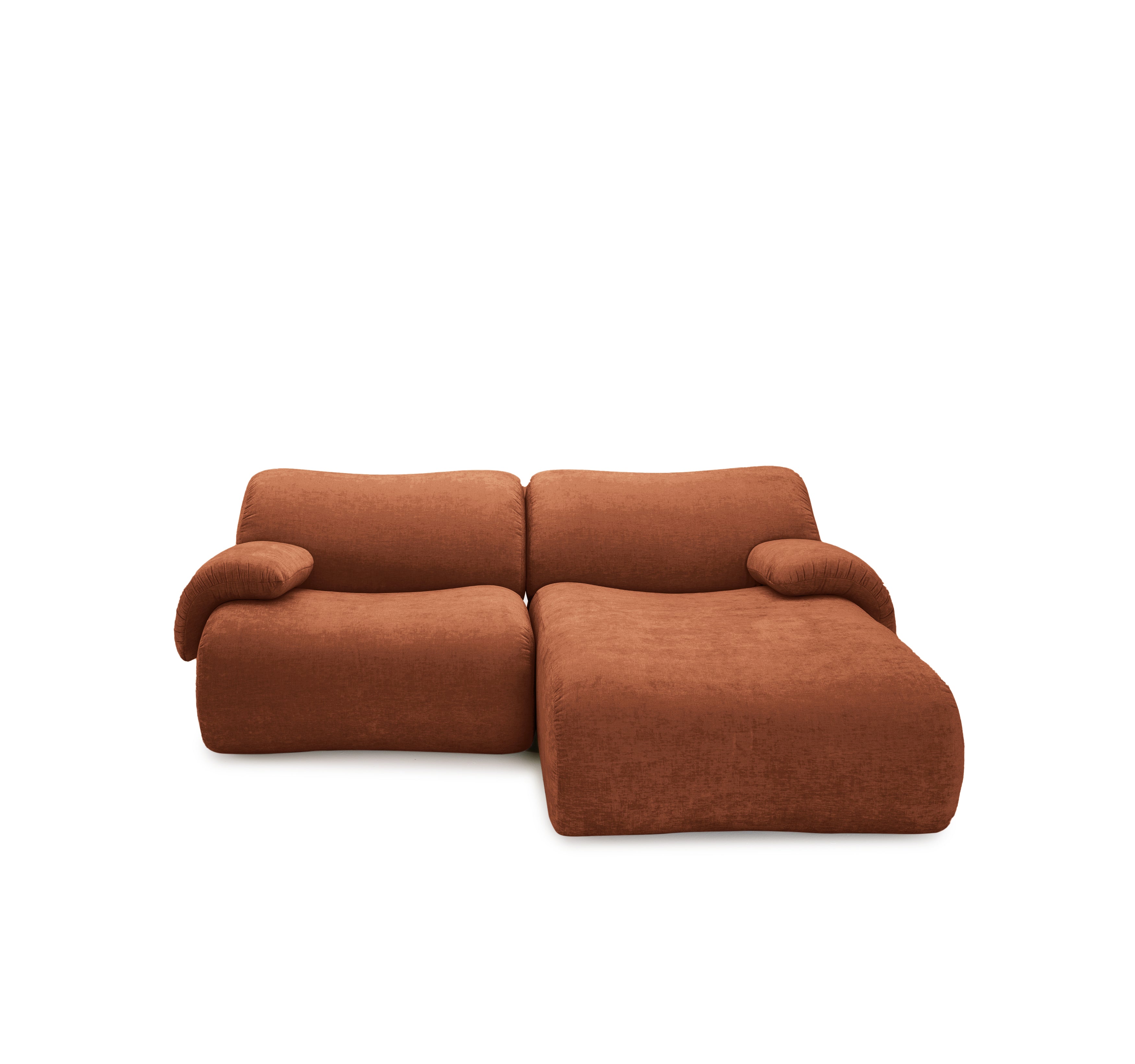 Canapé d’angle droit Pot-de-Fer  en tissu chenille terracotta Paname Avenue, vue de face sur fond blanc