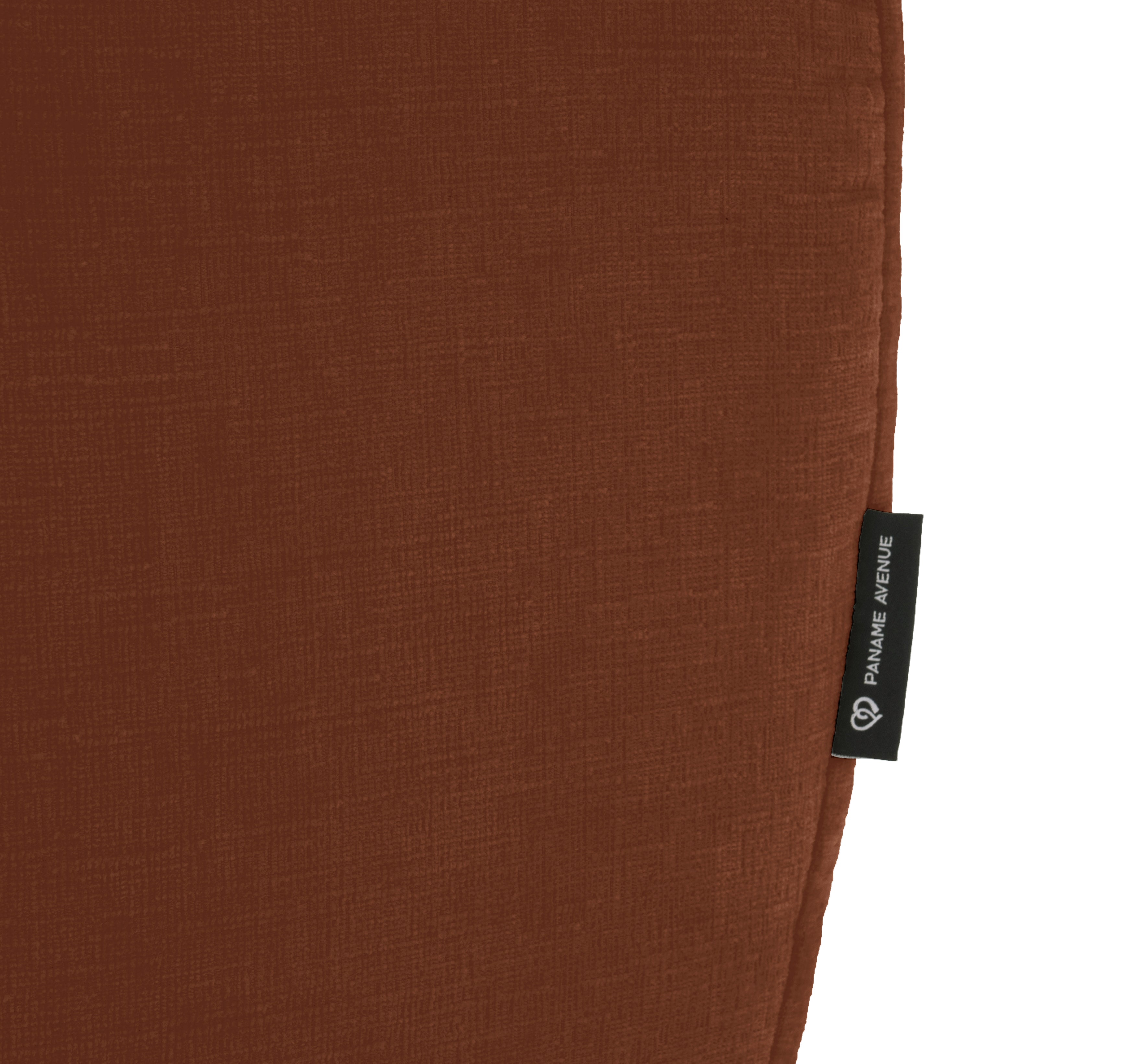 Canapé d’angle droit Pot-de-Fer en tissu chenille terracotta Paname Avenue, détail du label de la marque