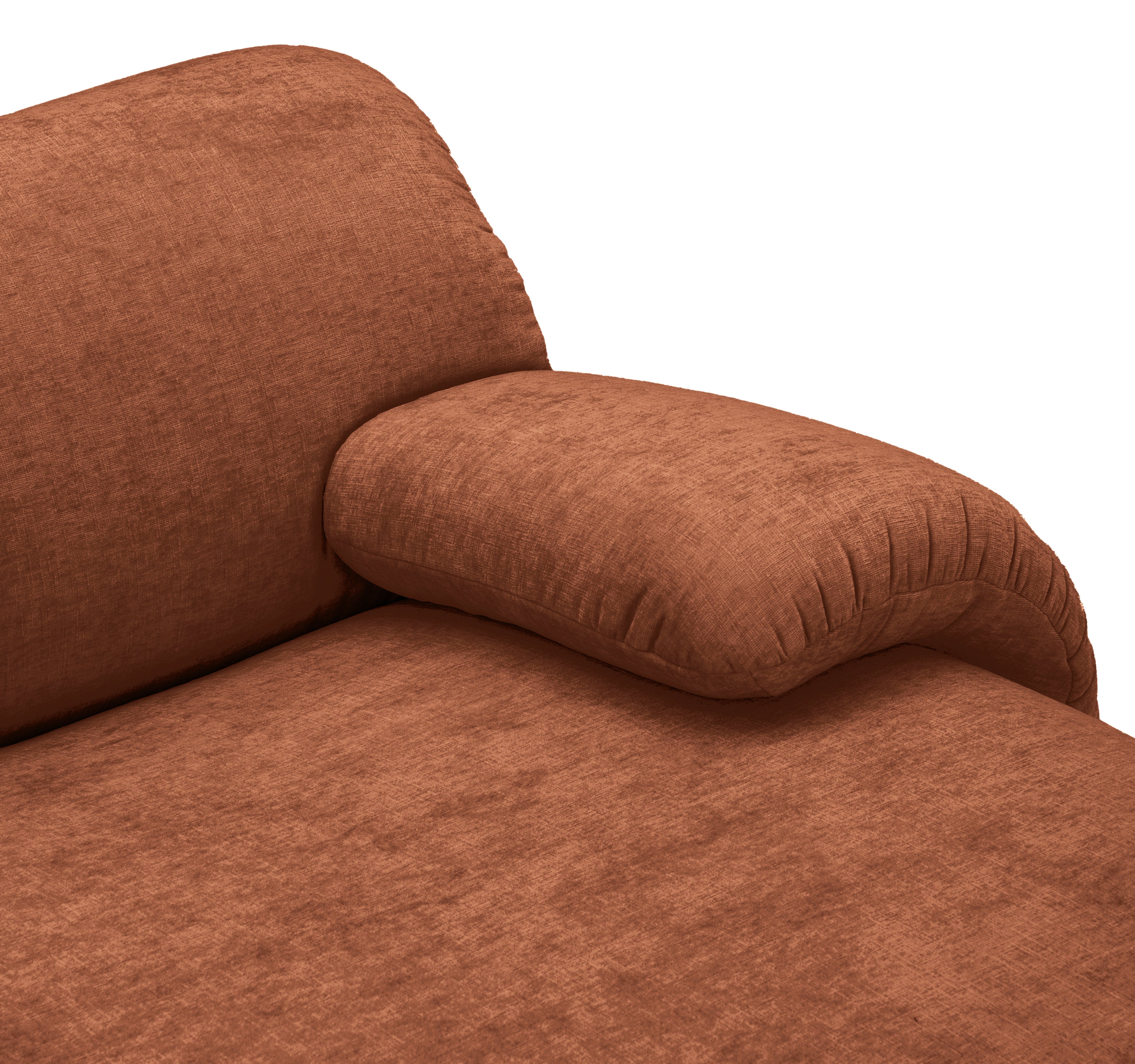 Canapé d’angle droit Pot-de-Fer en tissu chenille terracotta Paname Avenue, zoom sur l’accoudoir