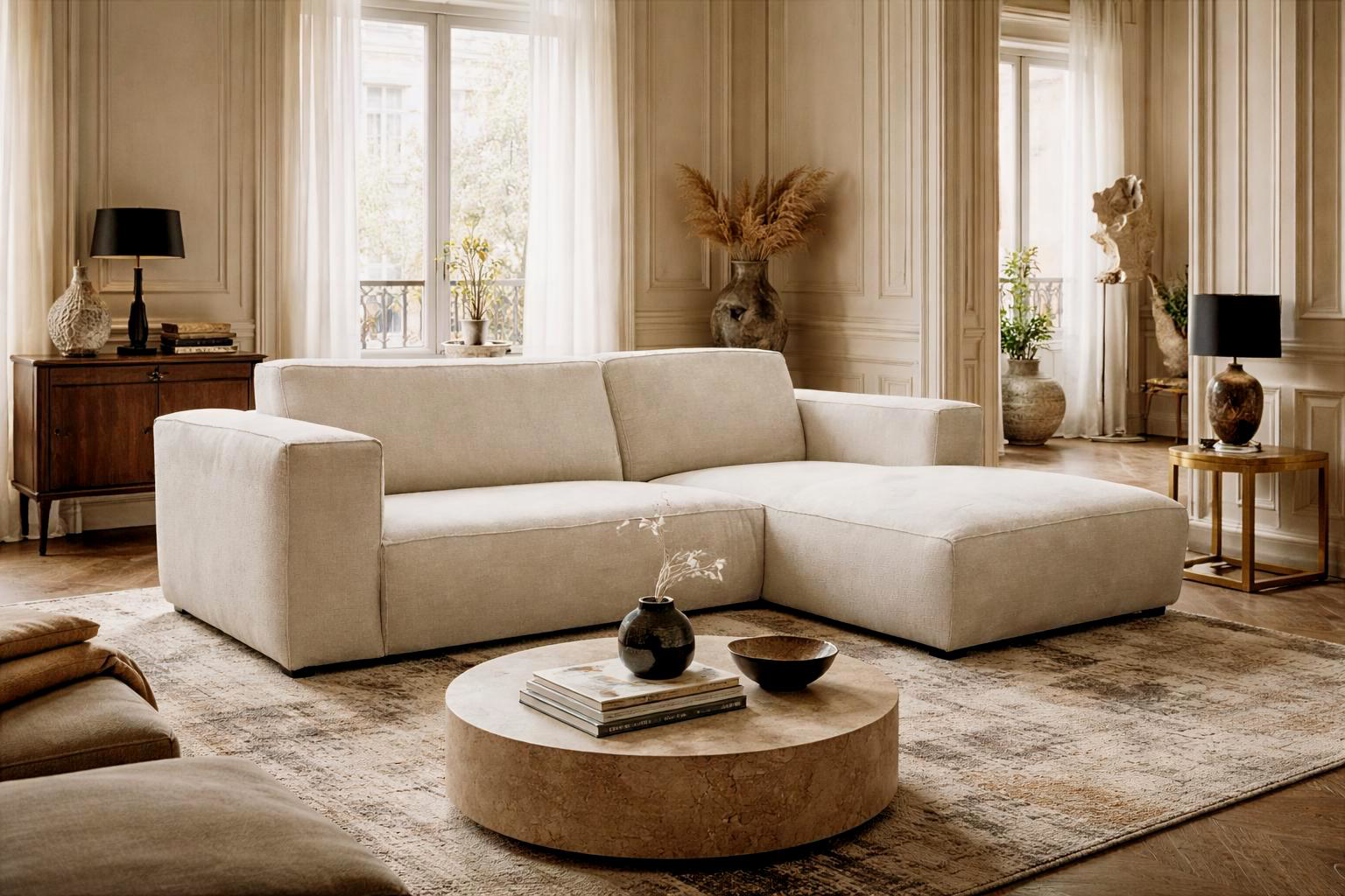 Canapé d’angle droit Roi-de-Sicile en tissu chenille beige Paname Avenue, dans un décor inspire au quartier parisien