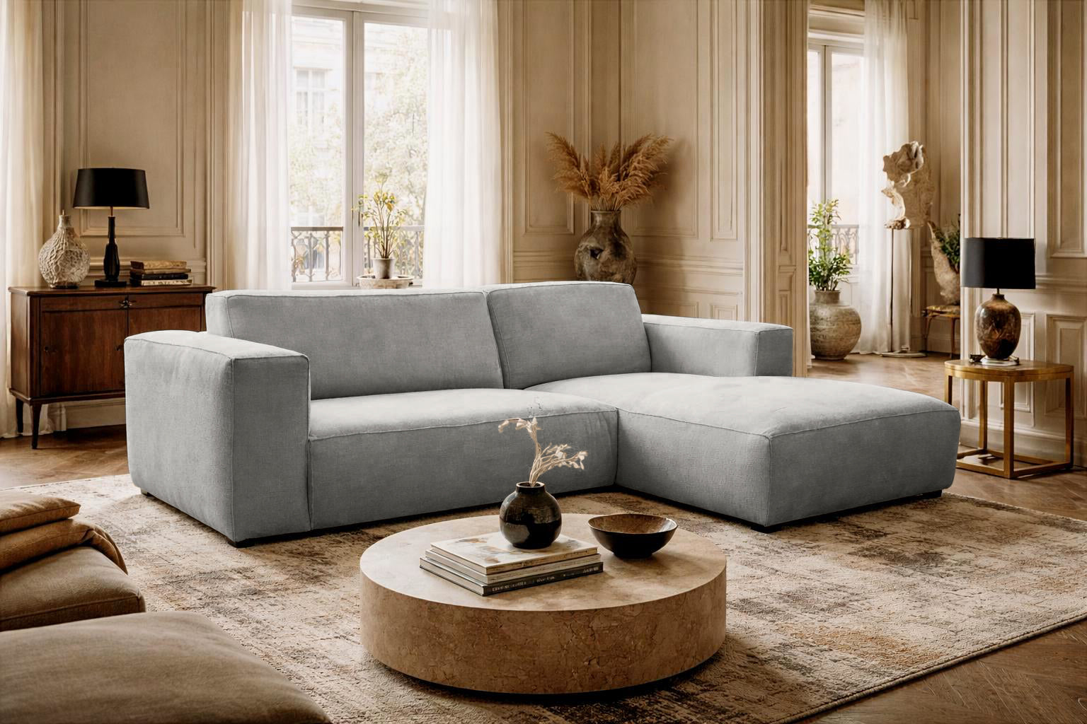 Canapé d’angle droit Roi-de-Sicile en tissu chenille gris Paname Avenue, dans un décor inspire au quartier parisien