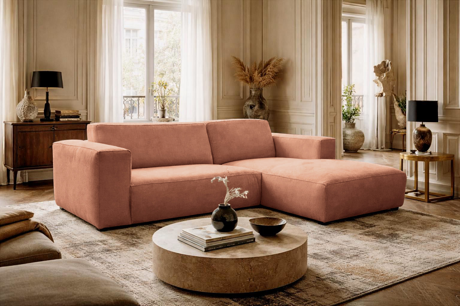 Canapé d’angle droit Roi-de-Sicile en tissu chenille terracotta Paname Avenue, dans un décor inspire au quartier parisien