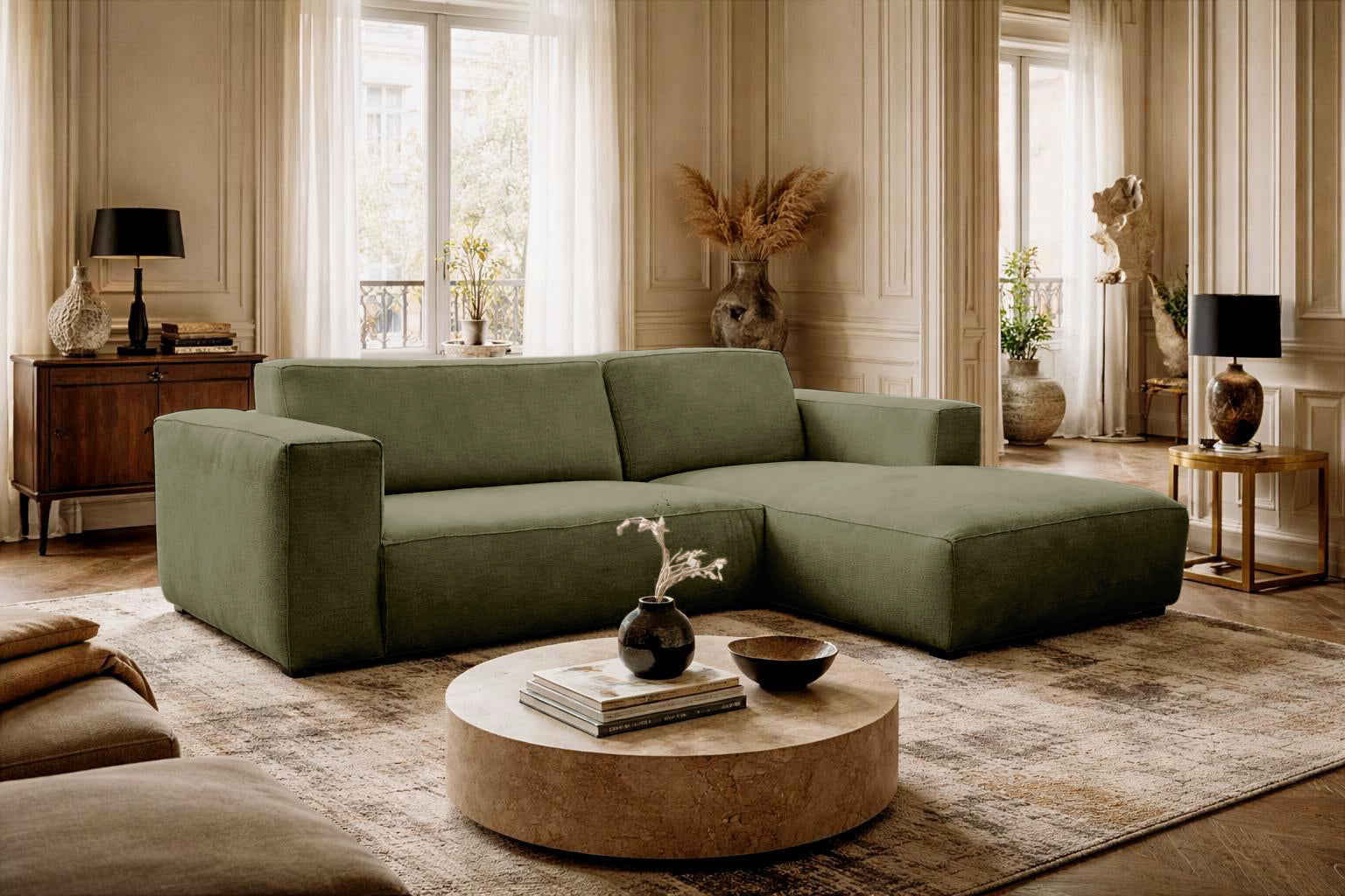 Canapé d’angle droit Roi-de-Sicile en tissu chenille vert olive Paname Avenue, dans un décor inspire au quartier parisien