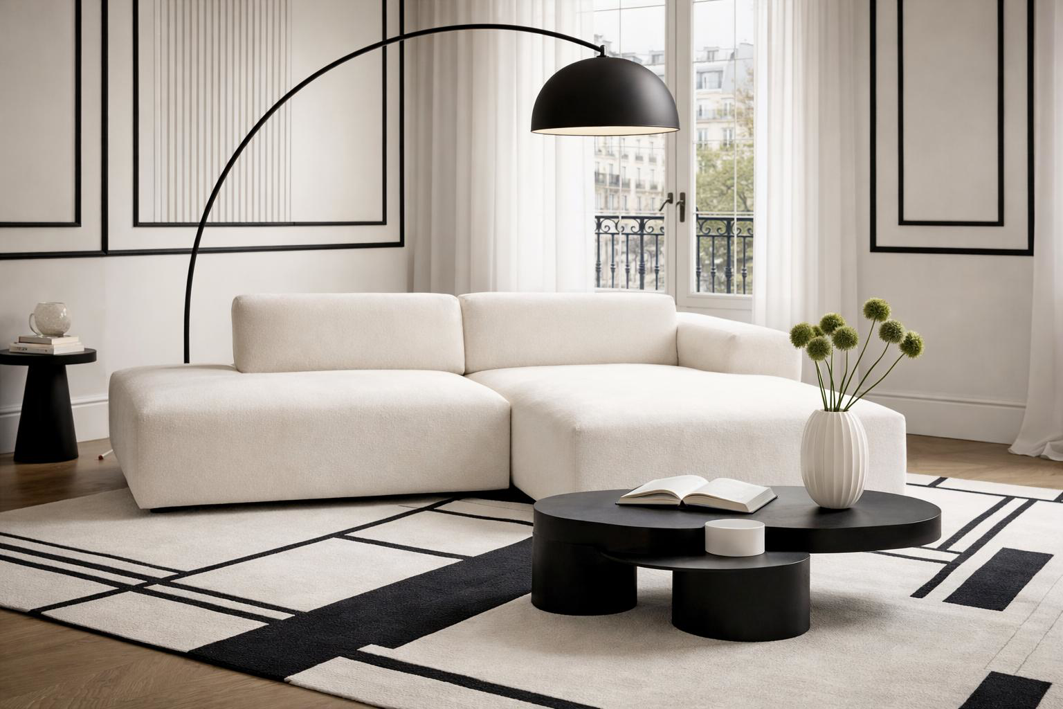 Canapé d’angle droit Temple en tissu chenille crème Paname Avenue, dans un décor inspire d'un quartier parisien
