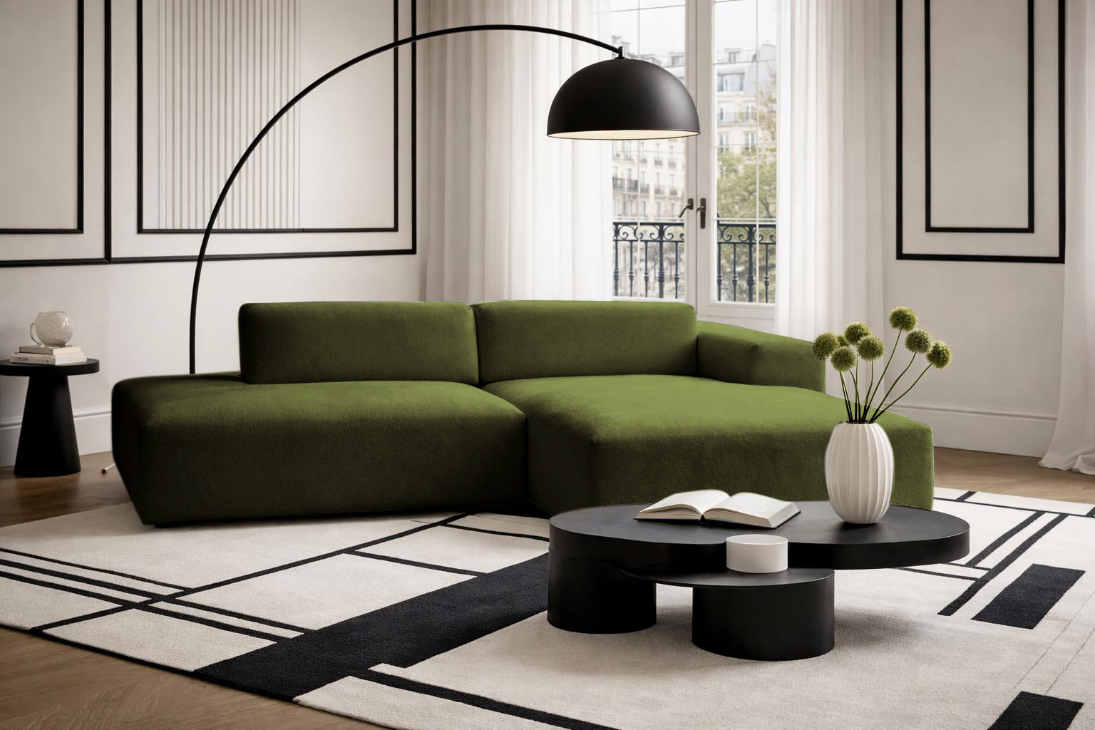 Canapé d’angle droit Temple en tissu chenille vert olive Paname Avenue, dans un décor inspire d'un quartier parisien