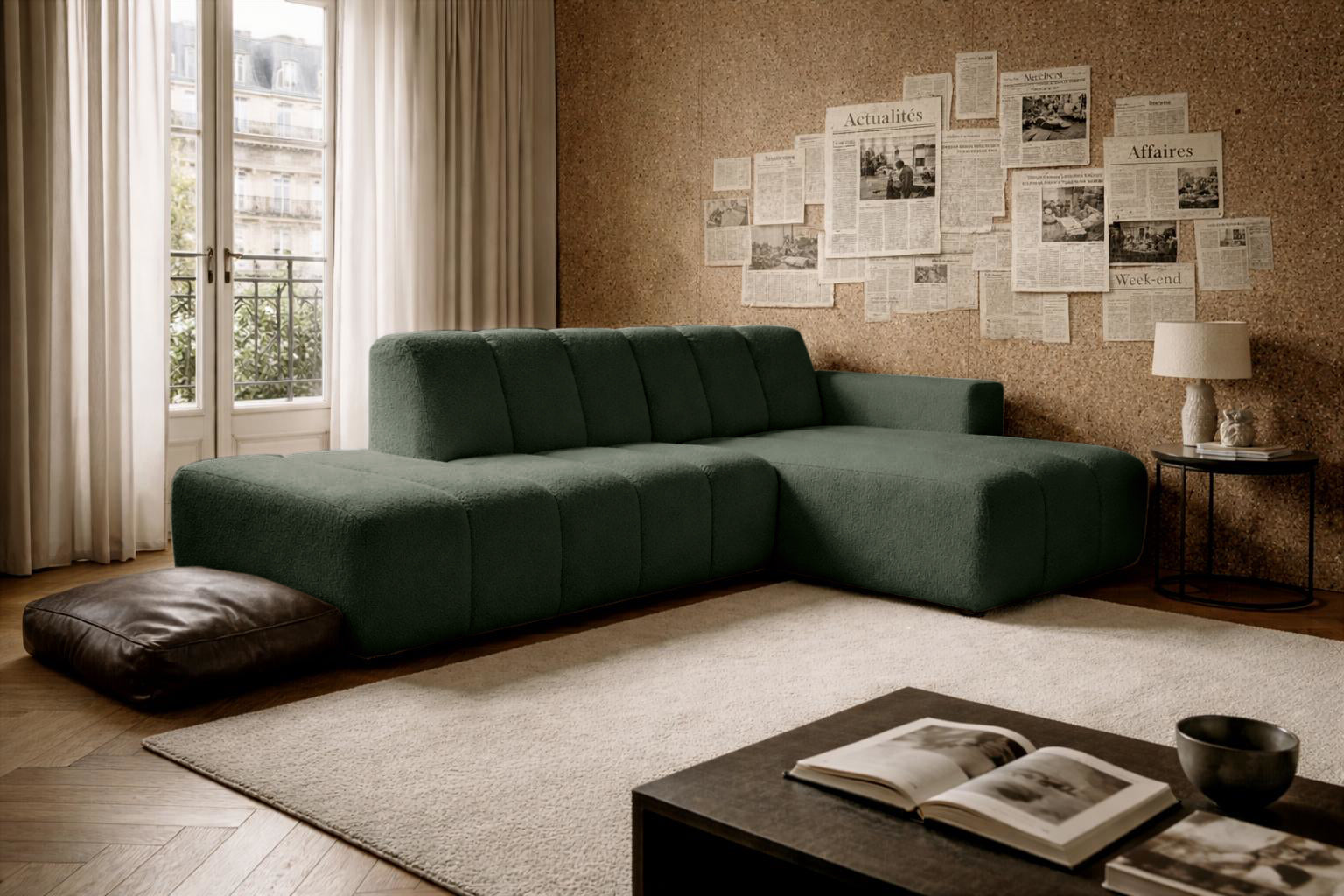 Canapé d’angle droit Chemin-Vert en tissu bouclette vert Paname Avenue, dans un décor inspire au quartier parisien