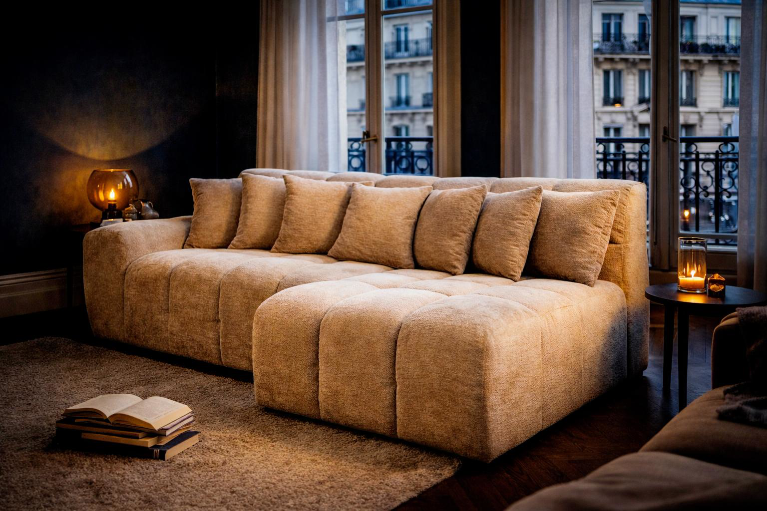 Canapé d’angle droit Fontaine au Roi en tissu chenille beige Paname Avenue, dans un décor inspire au quartier parisien