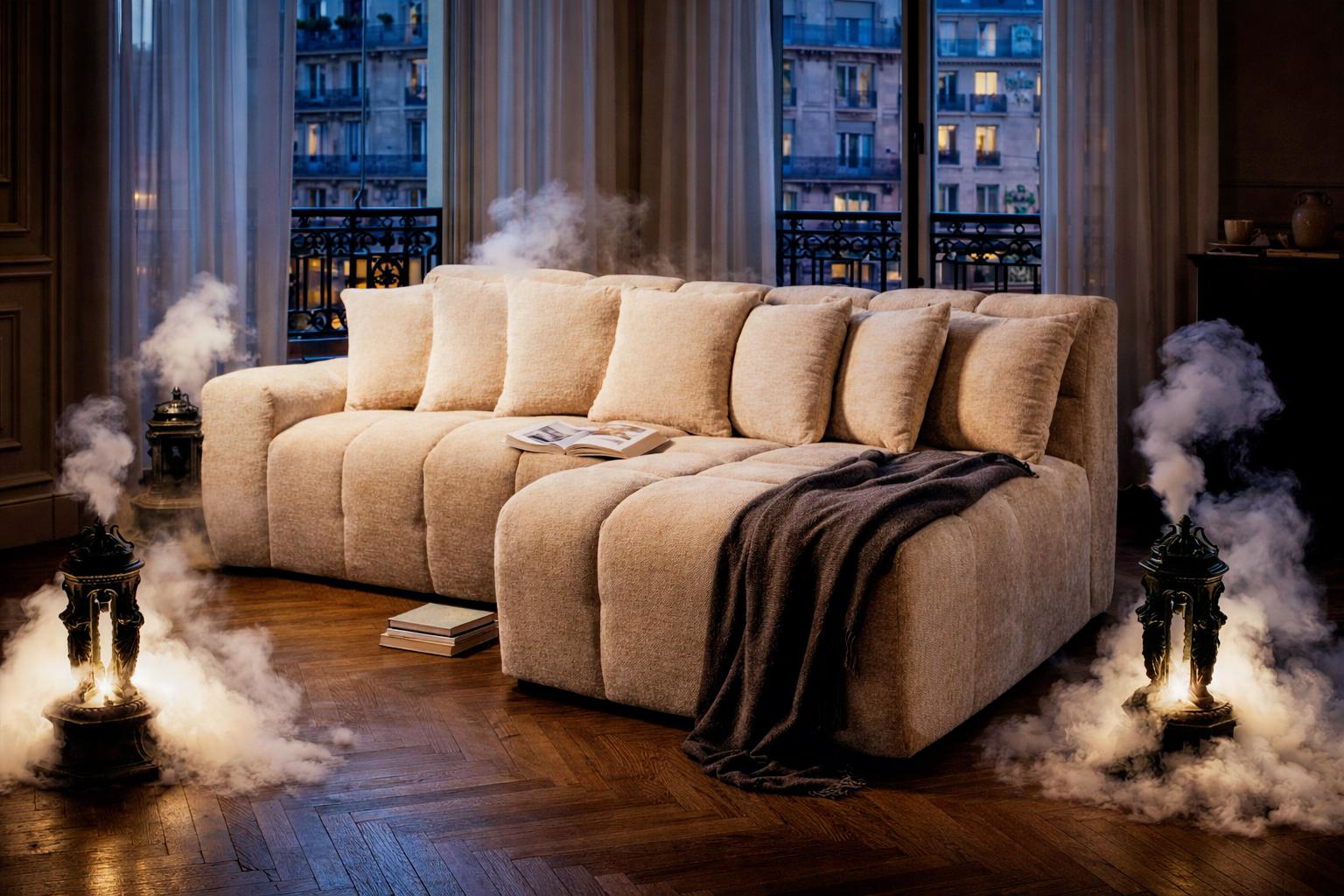 Canapé d'angle Fontaine au Roi de Paname Avenue  dans un salon parisien au style contemporain cosy avec une ambiance dramatique et presque théâtrale.