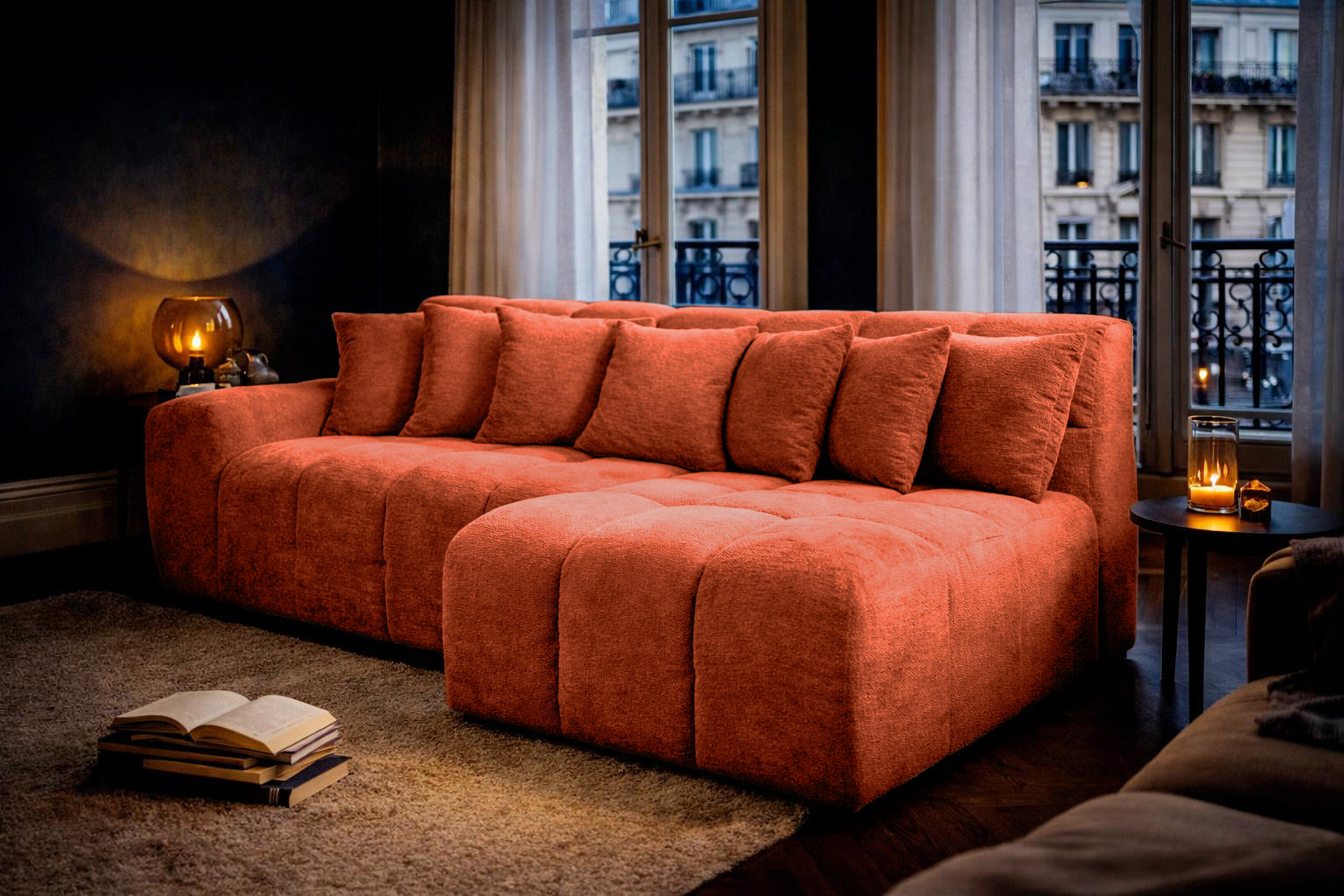 Canapé d’angle droit Fontaine au Roi en tissu chenille terracotta Paname Avenue, dans un décor inspire au quartier parisien