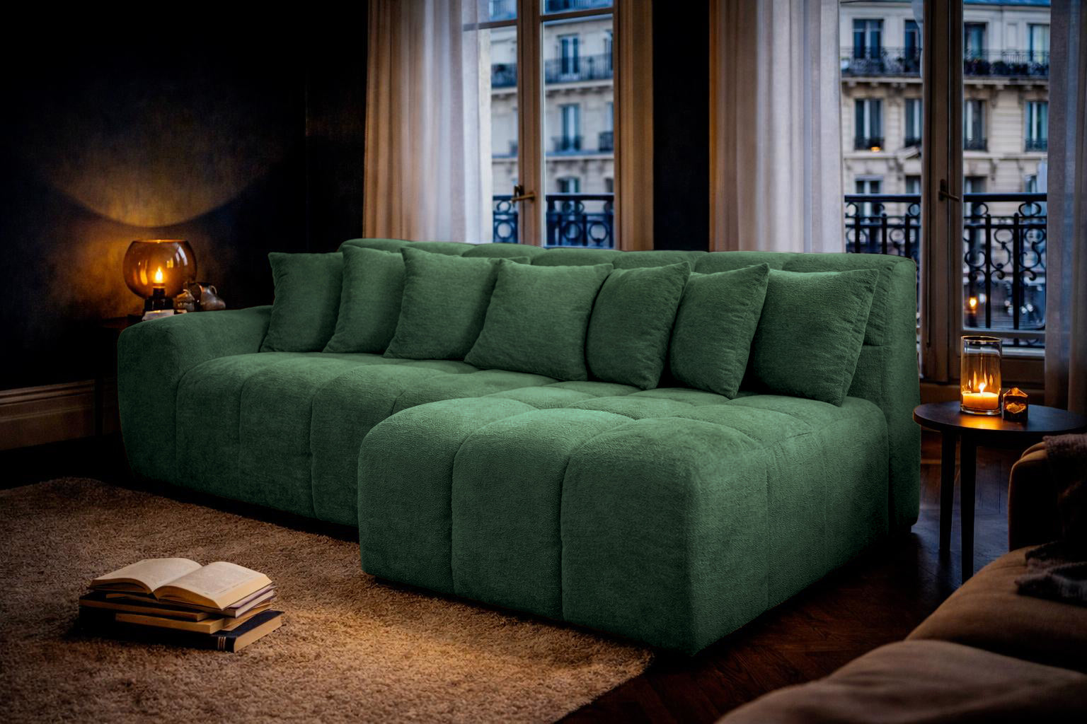 Canapé d’angle droit Fontaine au Roi en tissu chenille vert Paname Avenue, dans un décor inspire au quartier parisien