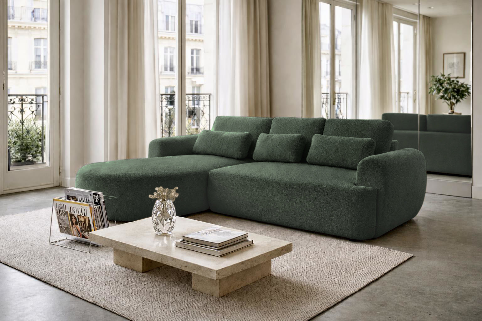 Canapé d’angle gauche Aboukir en tissu bouclette vert Paname Avenue, dans un décor inspire au quartier parisien