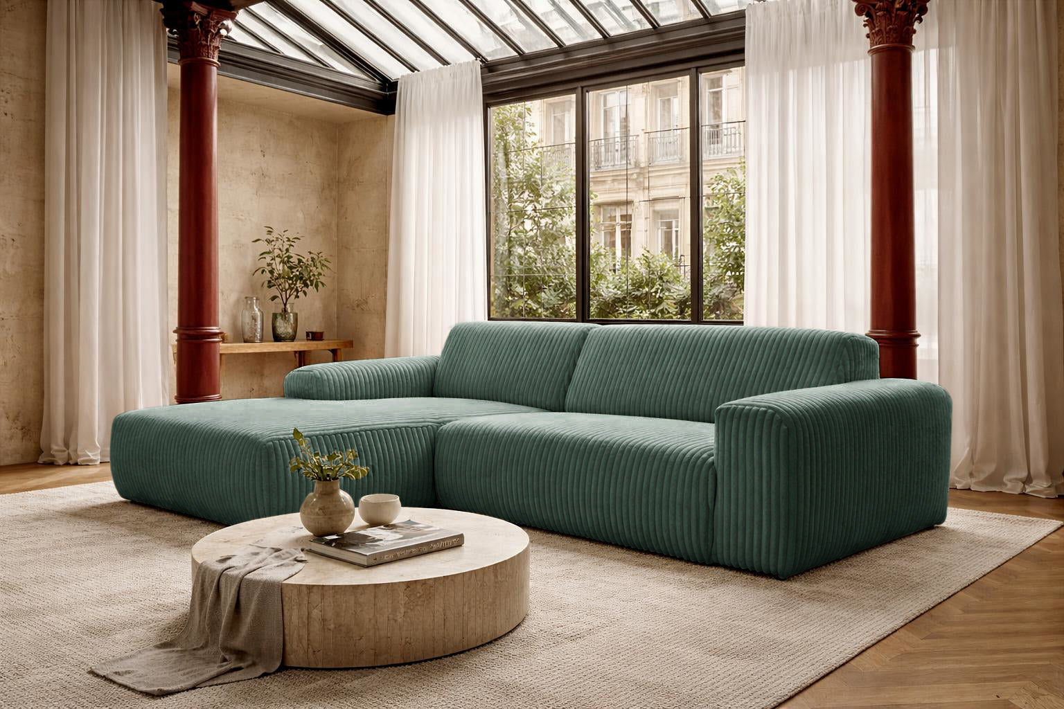 Canapé d’angle gauche Bruxelles en tissu gros velours côtelé vert Paname Avenue, dans un décor inspire au quartier parisien