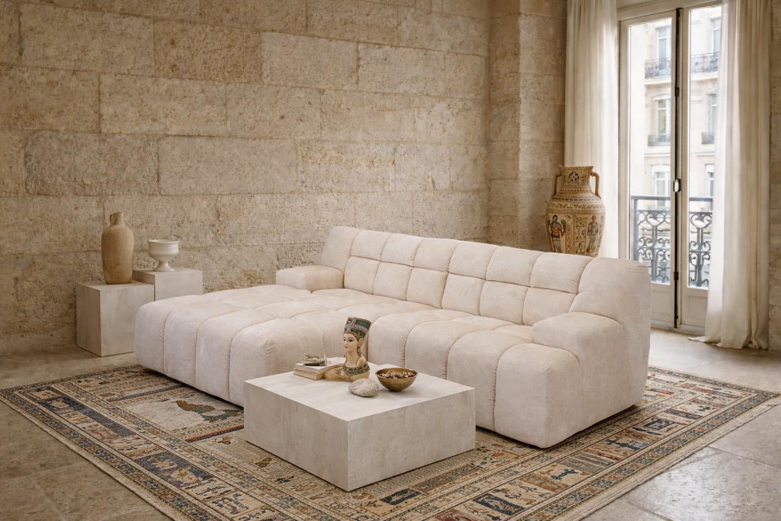 Canapé d’angle gauche Caire en tissu chenille crème Paname Avenue, dans un décor inspire au quartier parisien