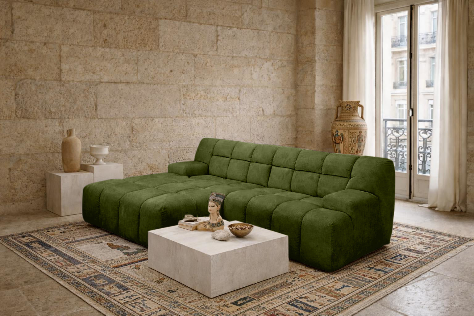 Canapé d’angle gauche Caire en tissu chenille vert olive Paname Avenue, dans un décor inspire au quartier parisien