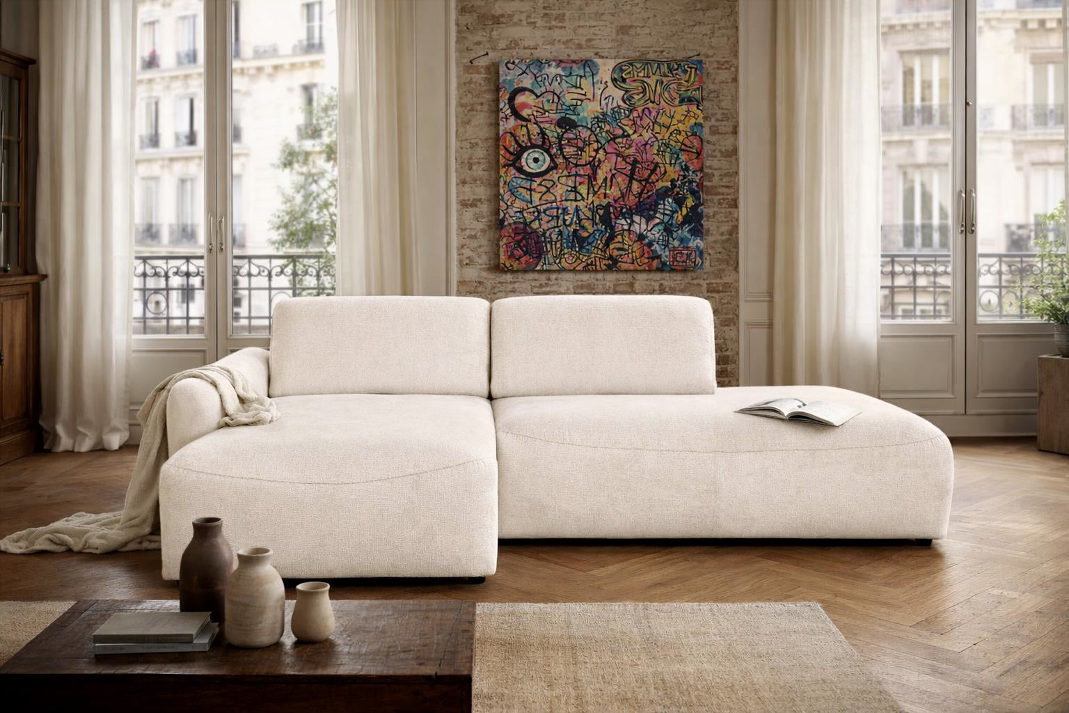 Canapé d’angle gauche Château d'eau en tissu chenille beige Paname Avenue, dans un décor inspire au quartier parisien