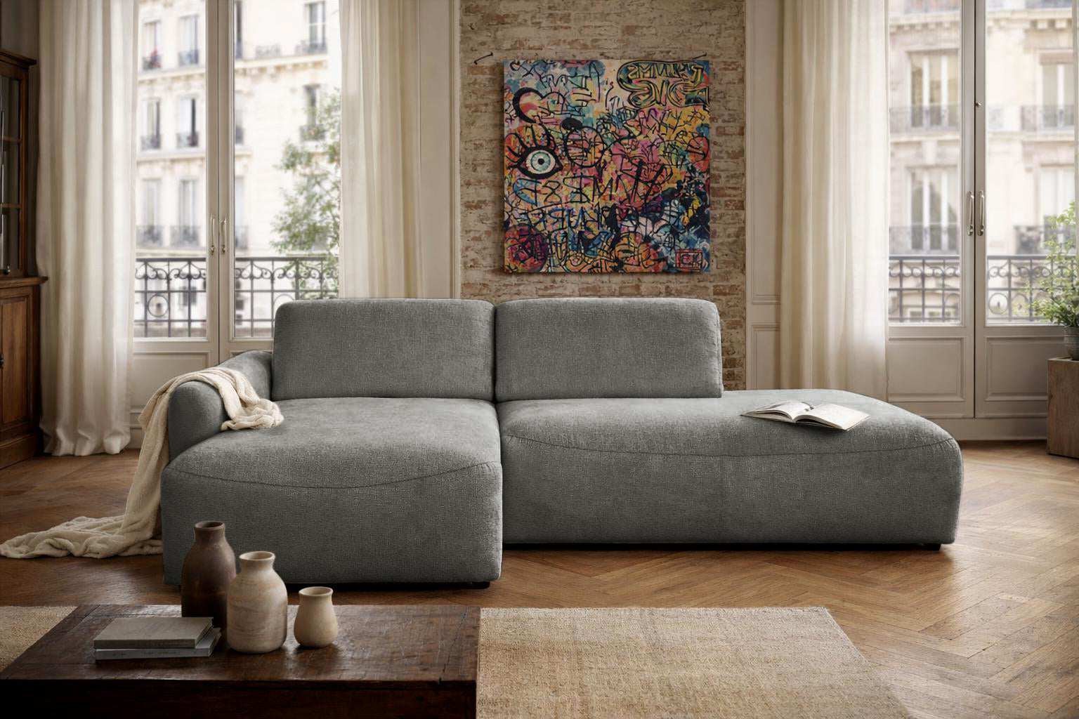 Canapé d’angle gauche Château d'eau en tissu chenille gris Paname Avenue, dans un décor inspire au quartier parisien