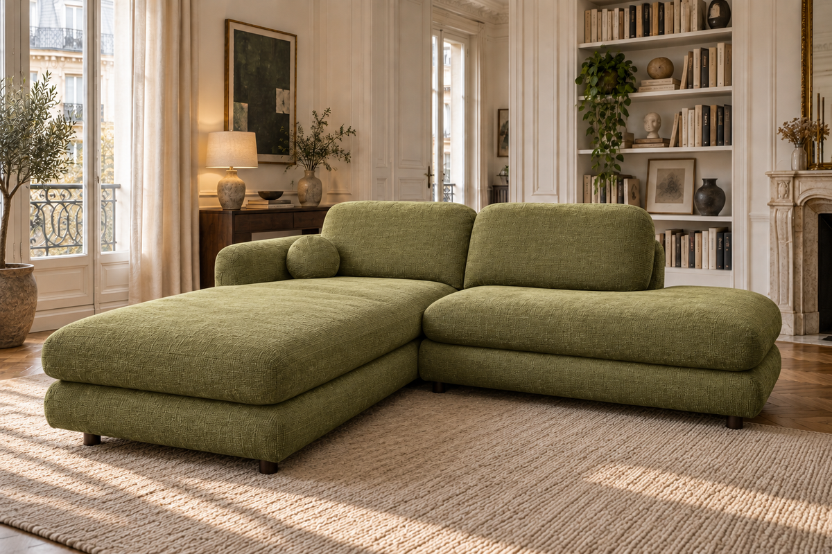 Canapé d’angle gauche Clef 4 places en tissu chenille vert olive, avec méridienne à gauche, dans un salon parisien.