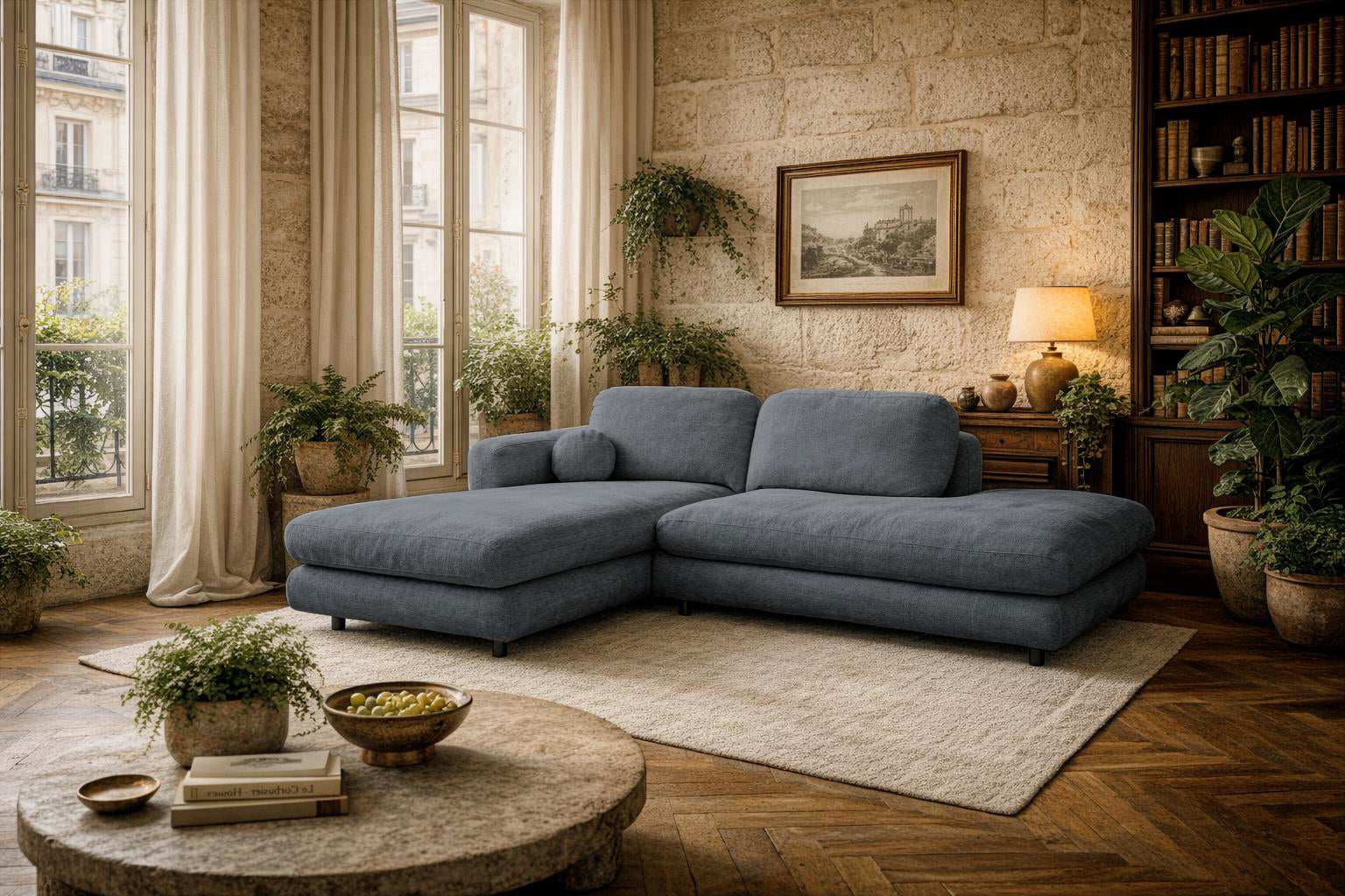 Canapé d'angle Clef de Paname Avenue dans un salon spacieux et lumineux au style naturel contemporain, avec une forte influence wabi-sabi