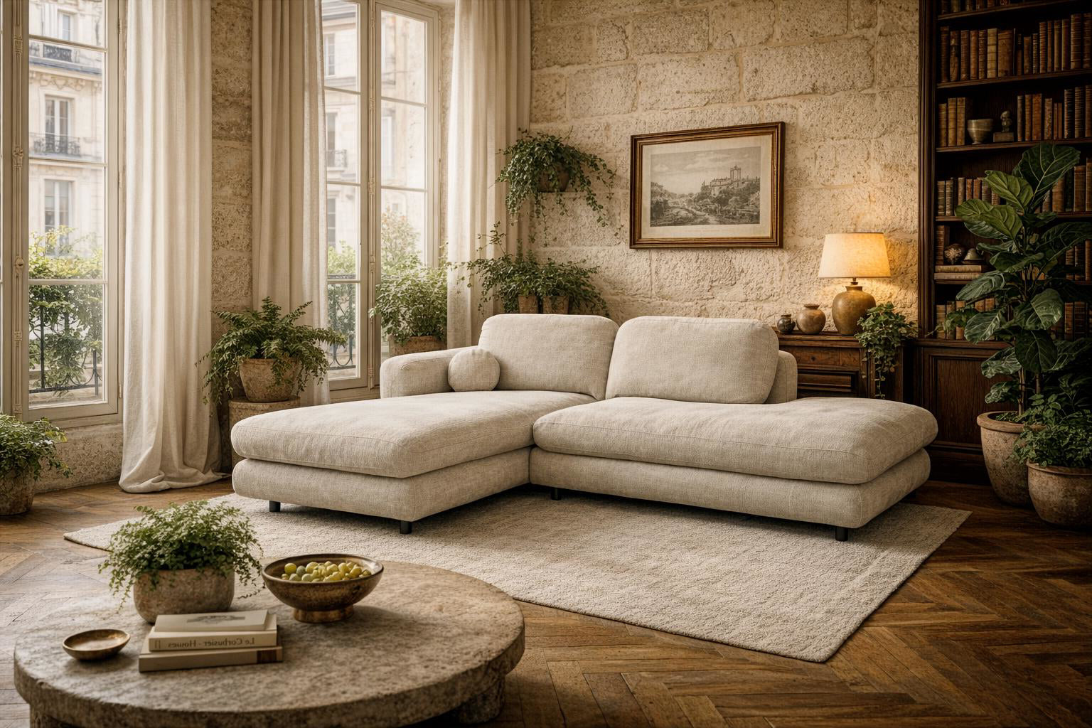 Canapé d'angle gauche Clef en tissu chenille beige Paname Avenue, dans un décor inspire au quartier parisien