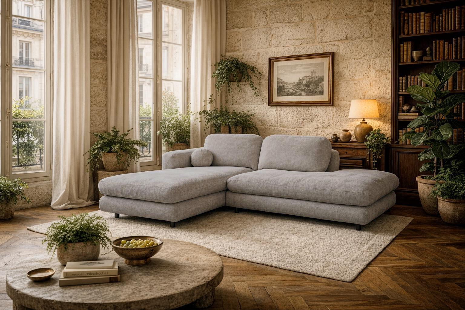 Canapé d'angle Clef de Paname Avenue dans un salon spacieux et lumineux au style naturel contemporain, avec une forte influence wabi-sabi
