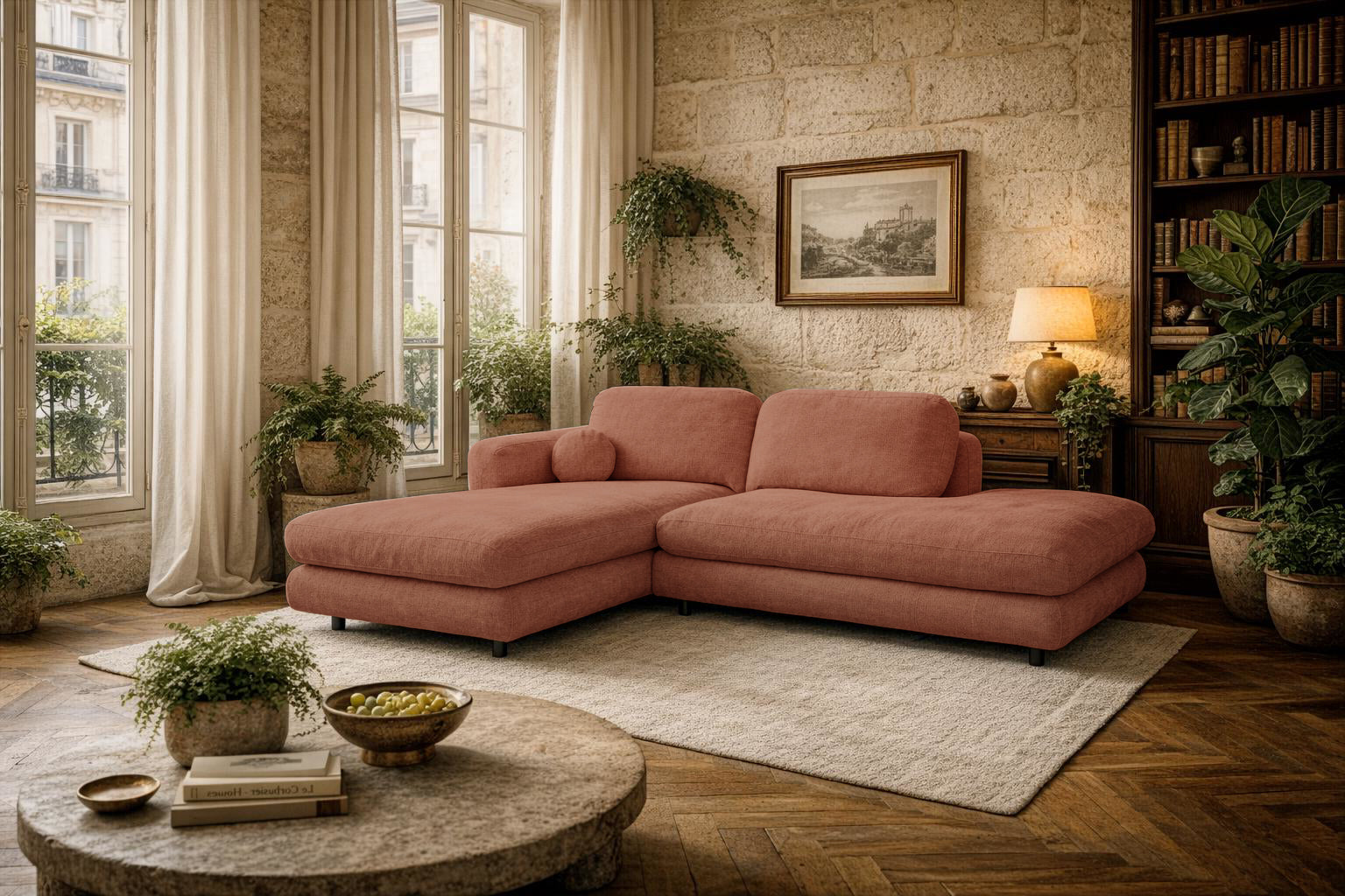 Canapé d'angle Clef de Paname Avenue dans un salon spacieux et lumineux au style naturel contemporain, avec une forte influence wabi-sabi