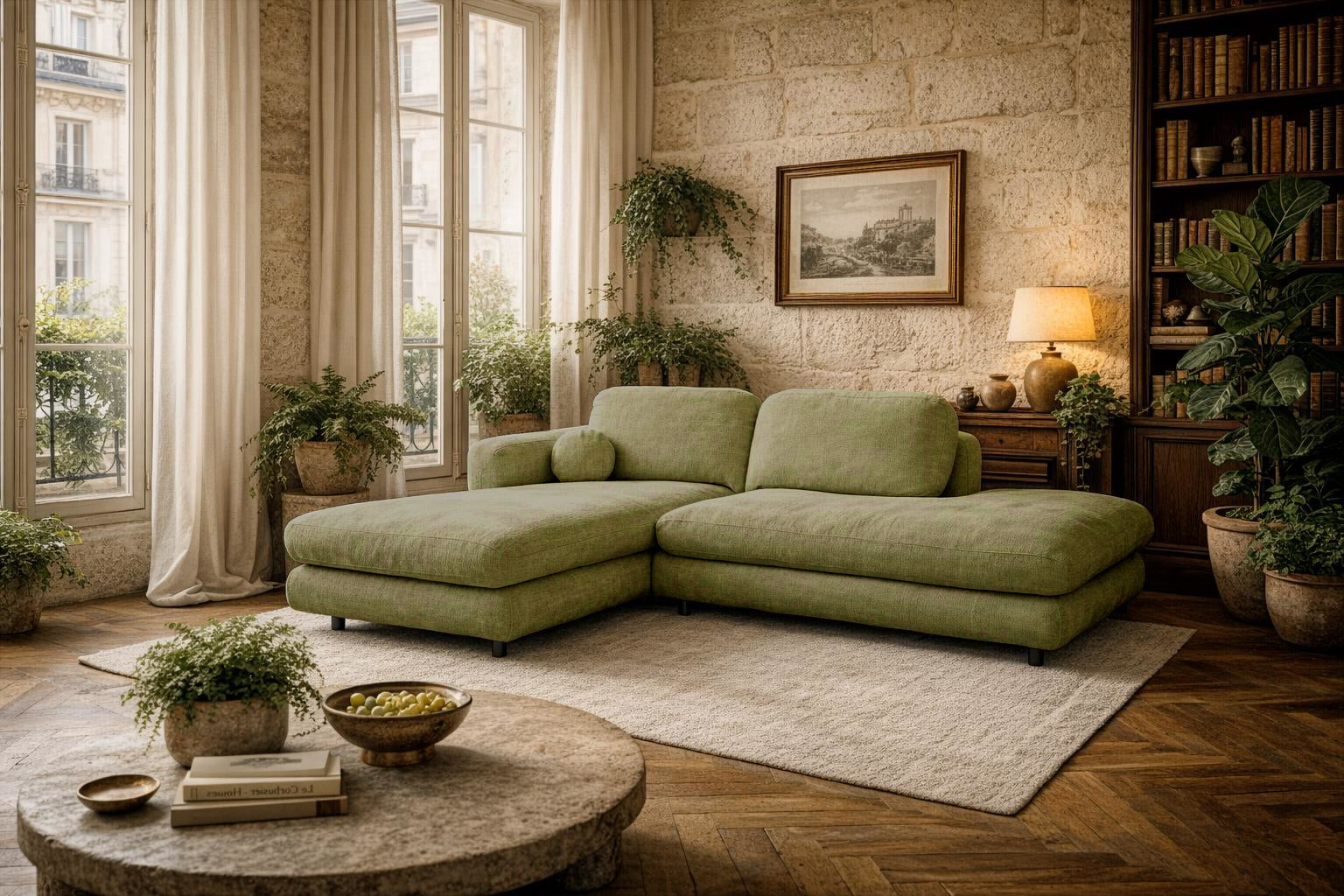 Canapé d'angle Clef de Paname Avenue dans un salon spacieux et lumineux au style naturel contemporain, avec une forte influence wabi-sabi