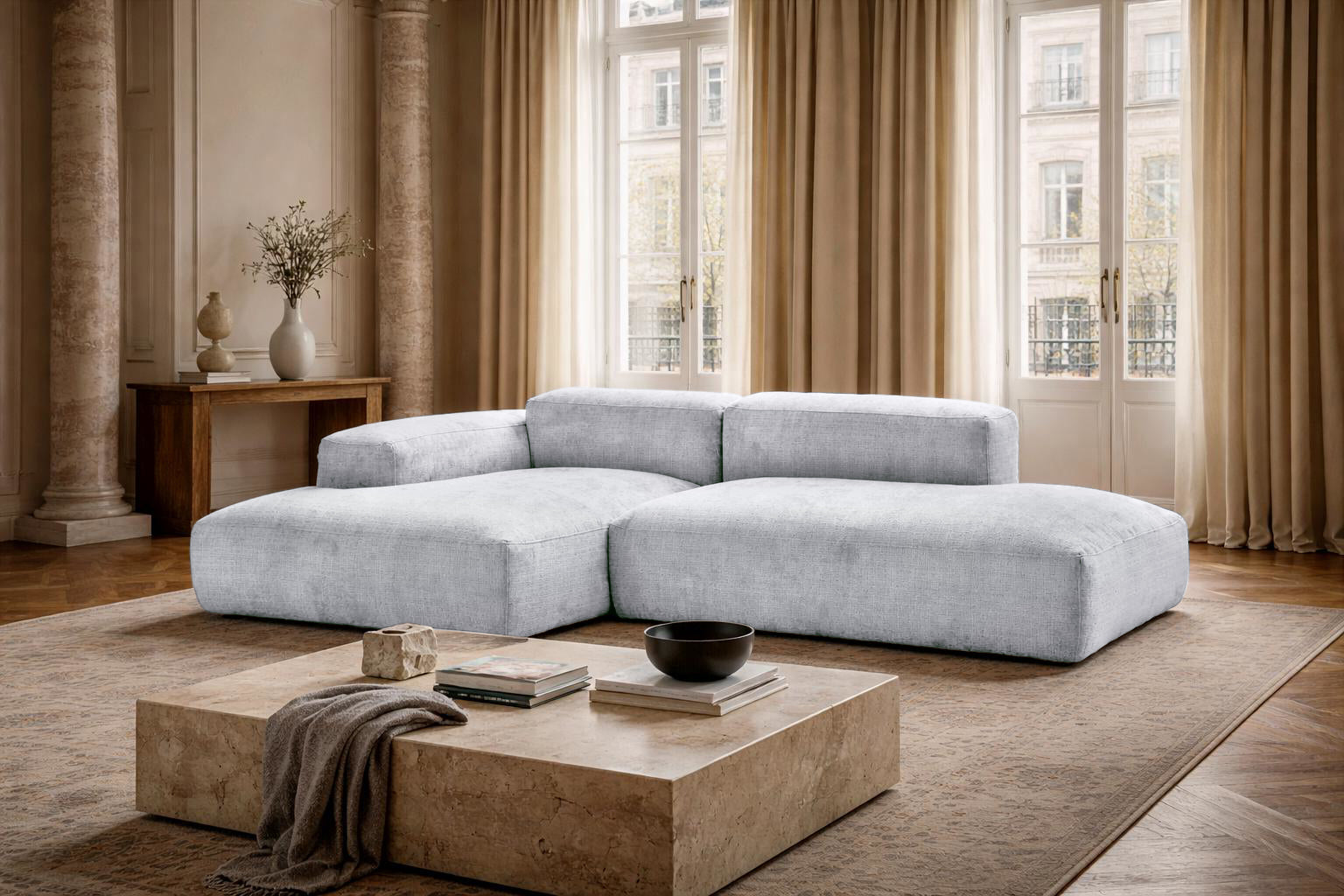 Canapé d’angle gauche Marché-Saint-Honoré en tissu chenille gris Paname Avenue, vue de face sur fond blanc