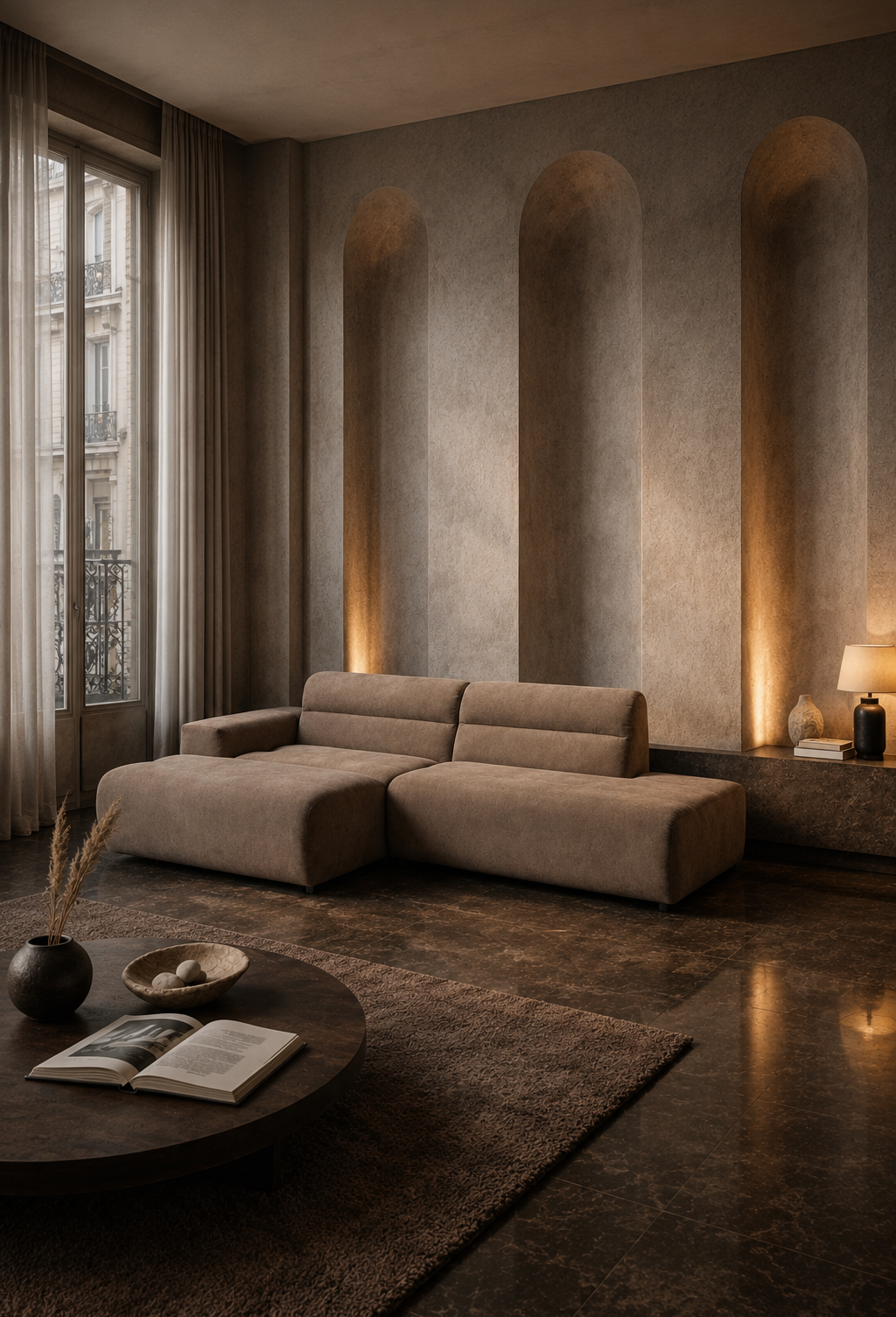 Canapé d'angle Notre-Dame-de-Nazareth en tissu chenille taupe dans un salon contemporain aux tons minéraux avec table basse ronde, éclairage d'ambiance et décoration haut de gamme.