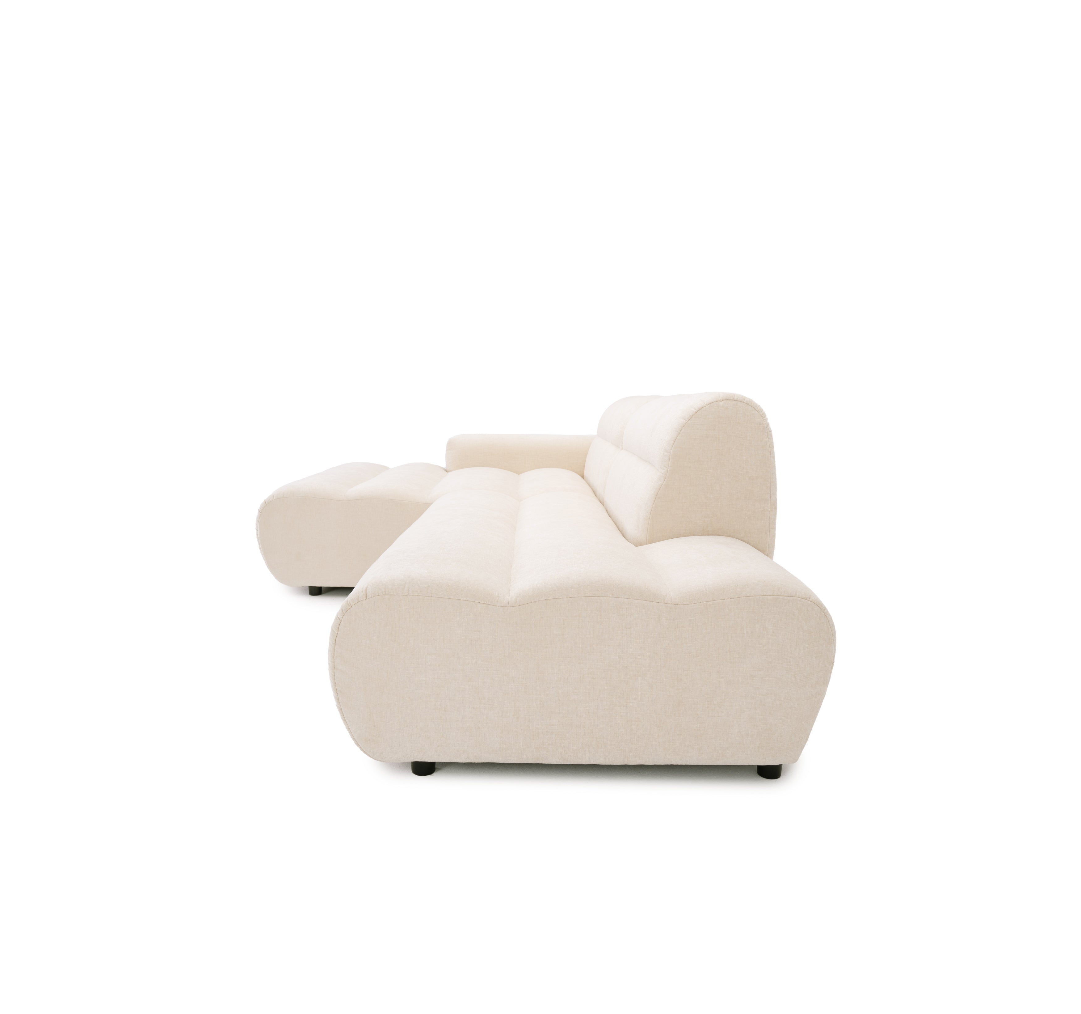 Canapé d’angle gauche Notre-Dame-de-Nazareth en tissu chenille beige Paname Avenue, vue de profil sur fond blanc