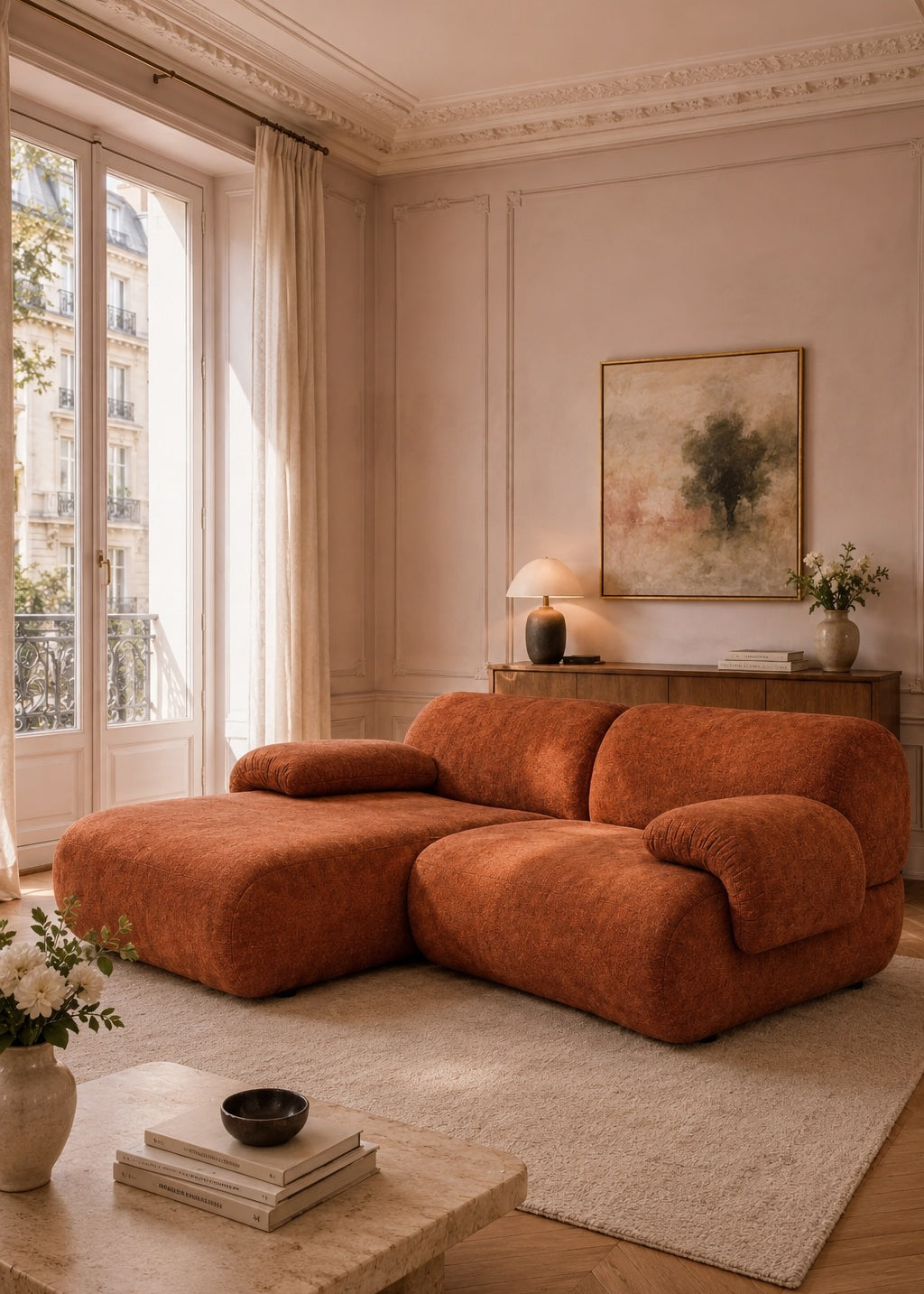 Canapé d'angle Pot-de-Fer en tissu chenille terracotta dans un salon haussmannien lumineux avec table basse en pierre, parquet point de Hongrie et ambiance chaleureuse