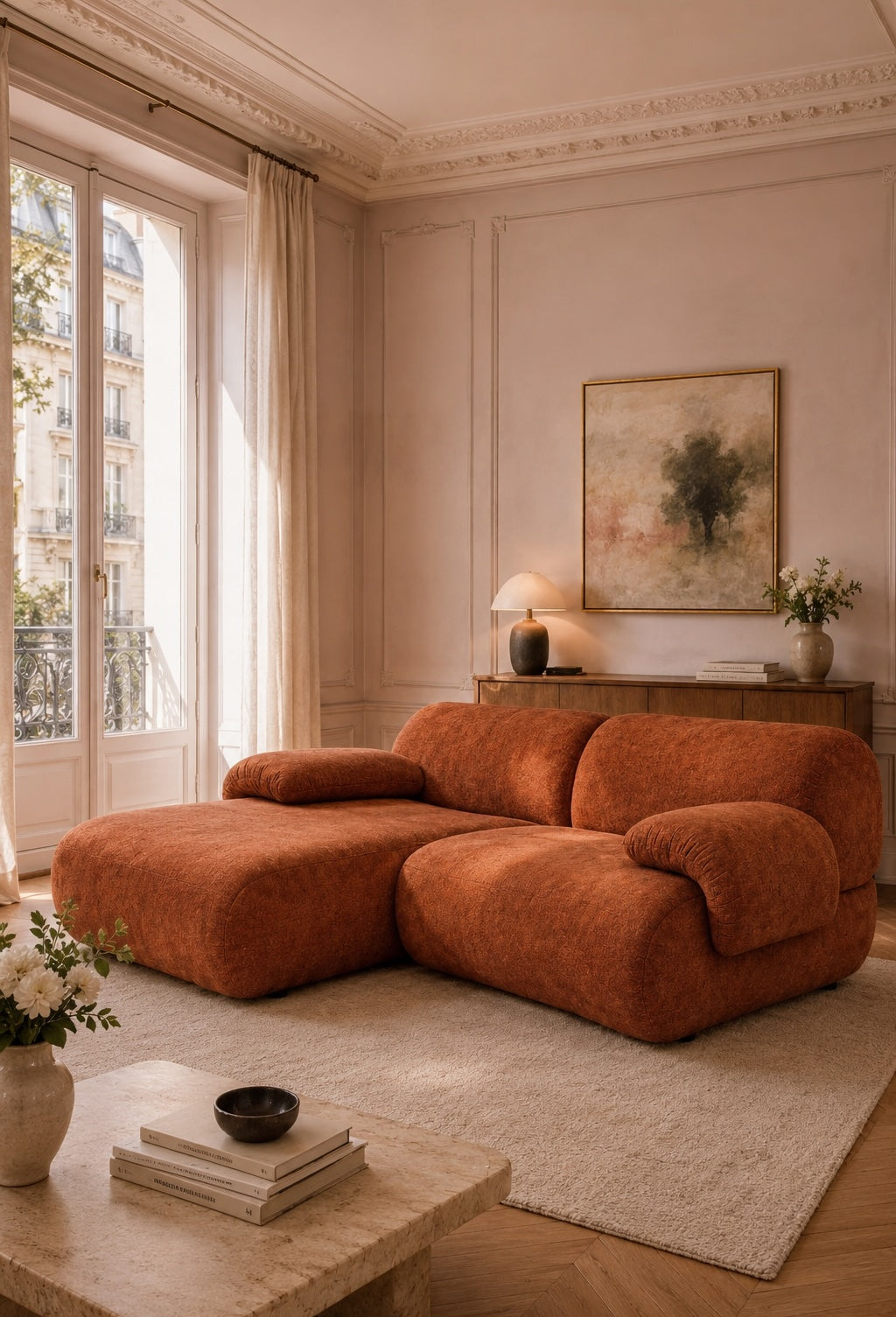 Canapé d'angle Pot-de-Fer en tissu chenille terracotta dans un salon haussmannien lumineux avec table basse en pierre, parquet point de Hongrie et ambiance chaleureuse