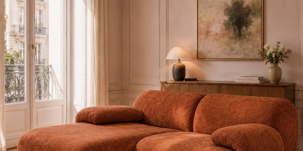 Canapé d'angle Pot-de-Fer en tissu chenille terracotta dans un salon haussmannien lumineux avec table basse en pierre, parquet point de Hongrie et ambiance chaleureuse