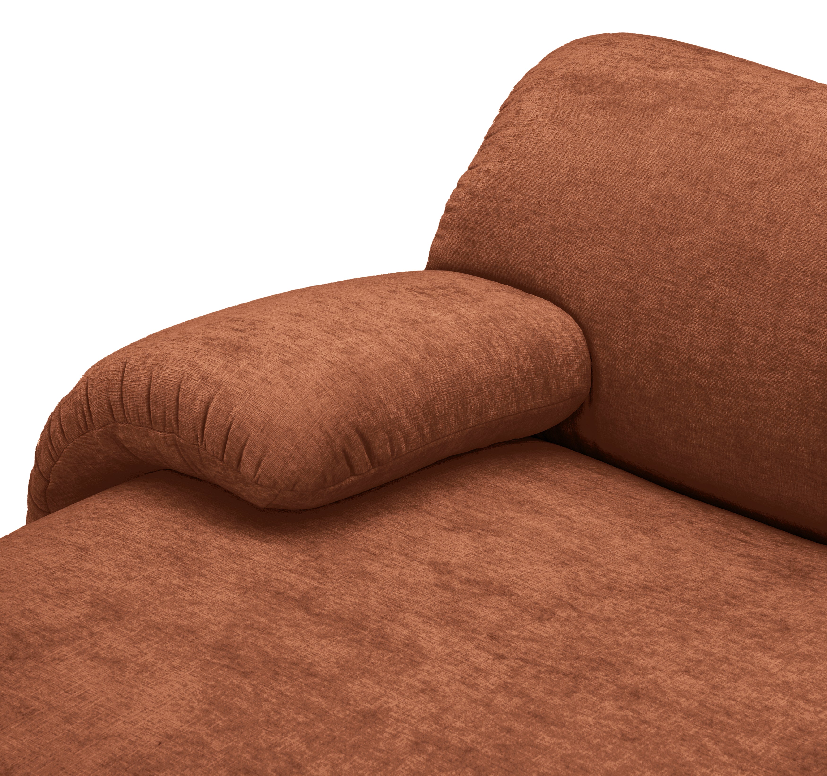 Canapé d’angle gauche Pot-de-Fer en tissu chenille terracotta Paname Avenue, zoom sur l’accoudoir