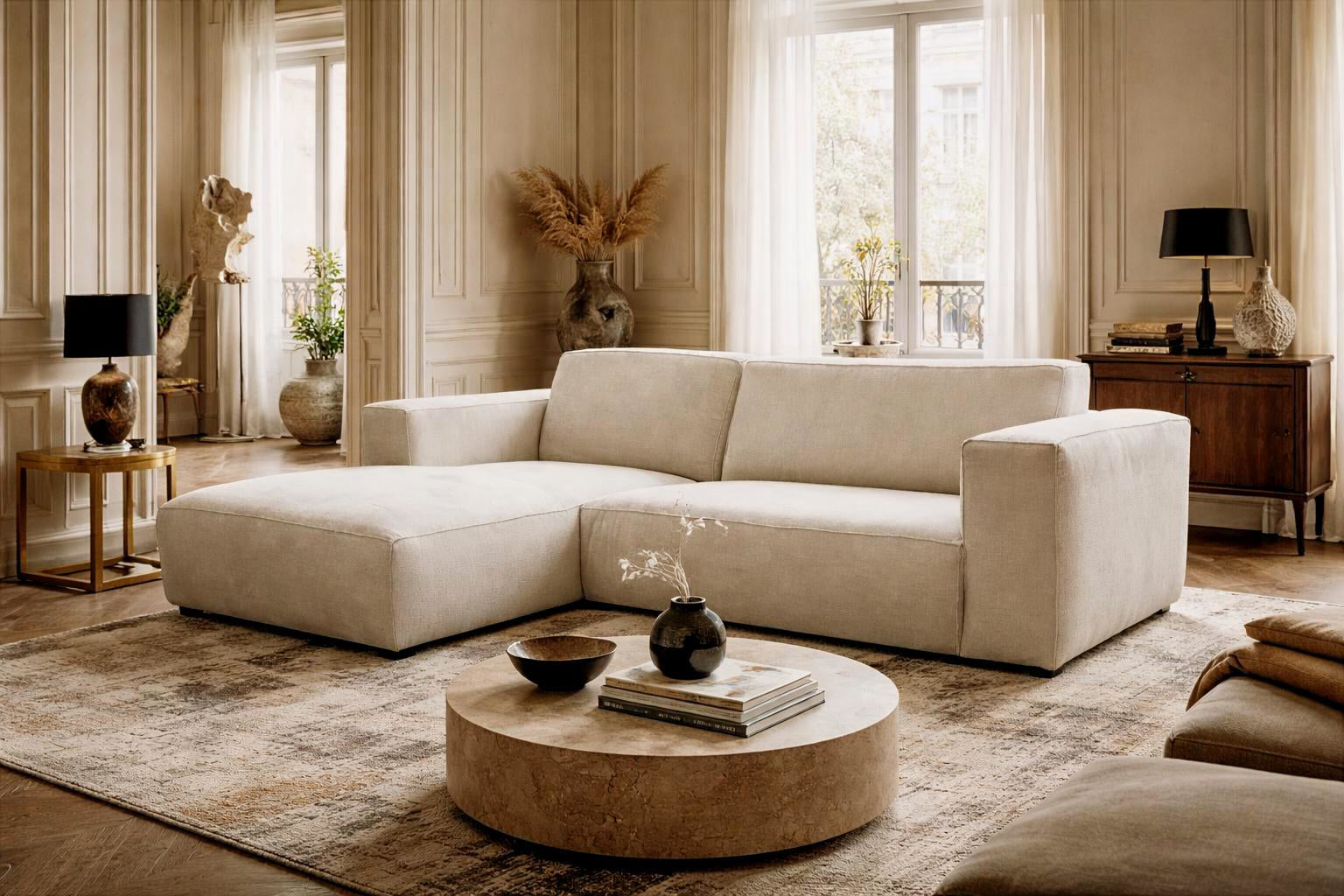 Canapé d’angle gauche Roi-de-Sicile en tissu chenille beige Paname Avenue, dans un décor inspire au quartier parisien