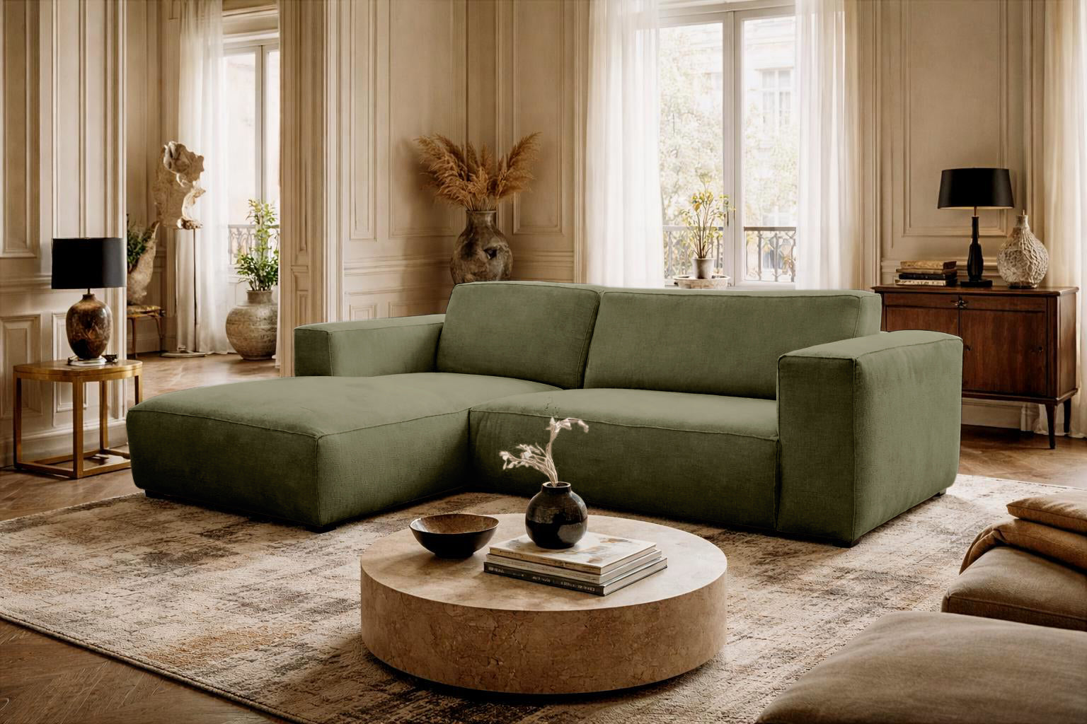 Canapé d’angle gauche Roi-de-Sicile en tissu chenille vert olive Paname Avenue, dans un décor inspire au quartier parisien