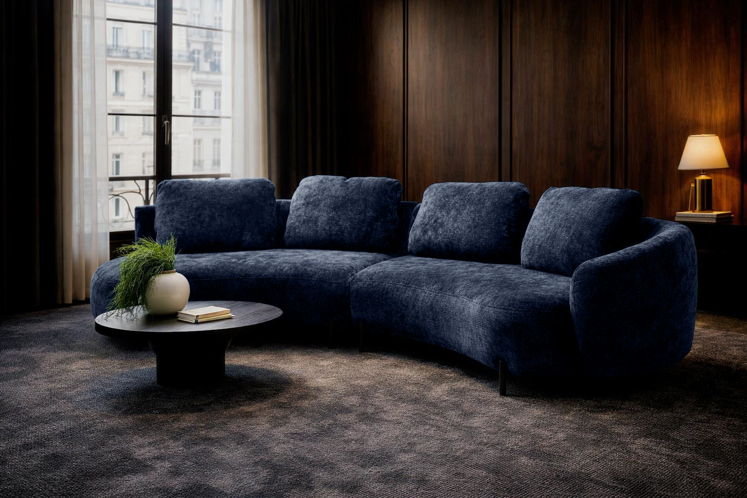 Canapé droit Saint Sauveur dans un salon feutré au style contemporain sophistiqué avec une forte influence mid-century modern et ambiance lounge.