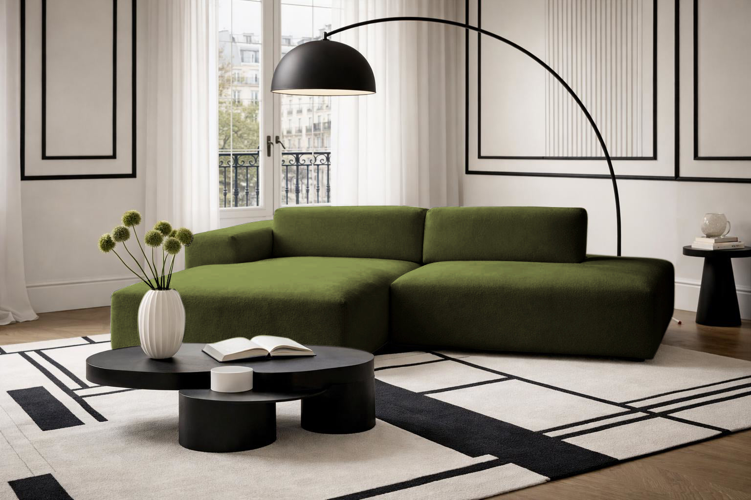 Canapé d’angle gauche Temple en tissu chenille vert olive Paname Avenue, dans un décor inspire d'un quartier parisien
