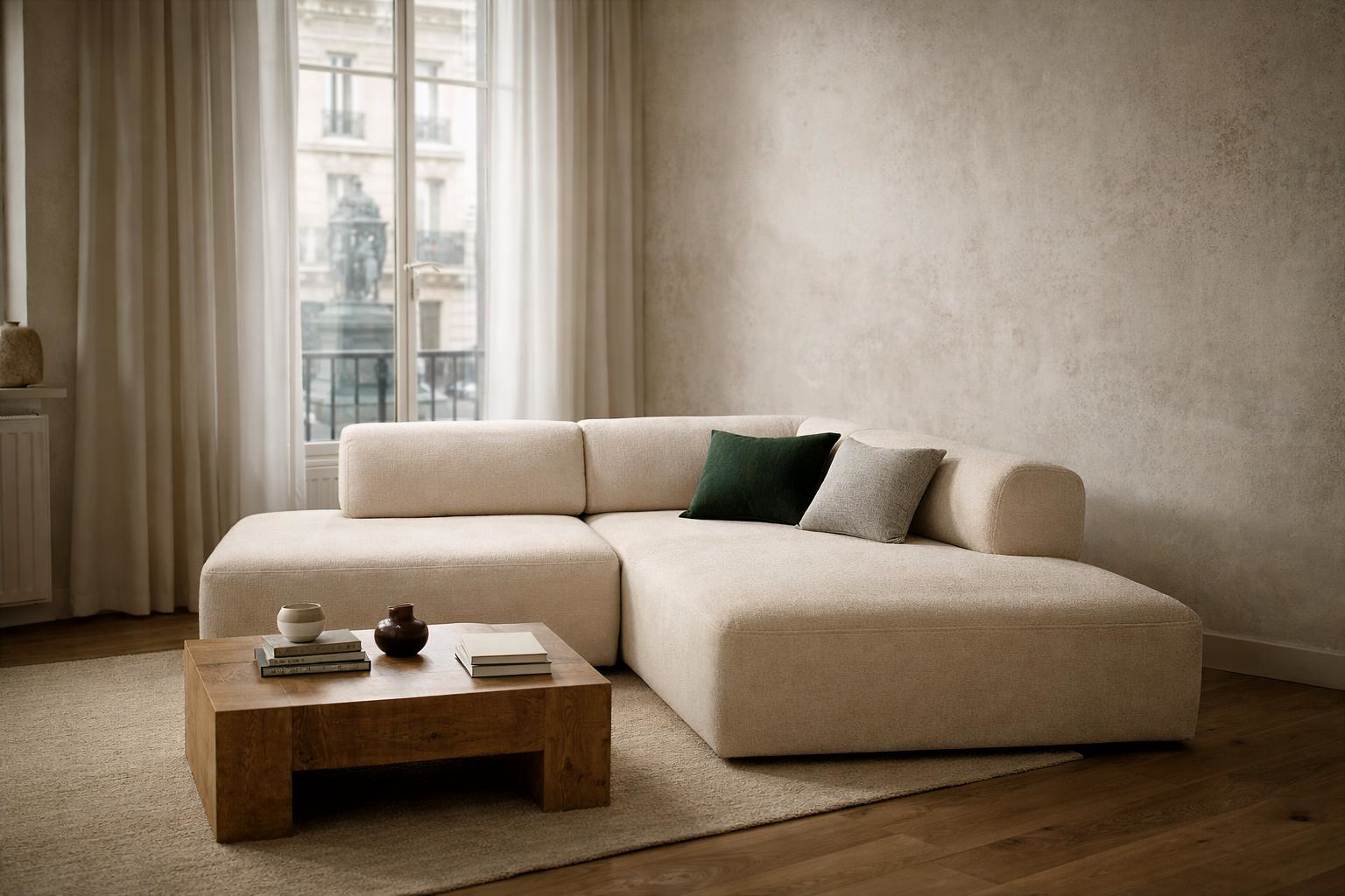 Canapé d'angle Lancry Paname Avenue dans un salon minimaliste et feutré