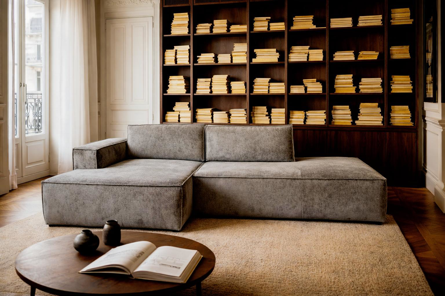 Canapé d’angle Prevot dans un intérieur parisien au style bibliothèque avec étagères et parquet